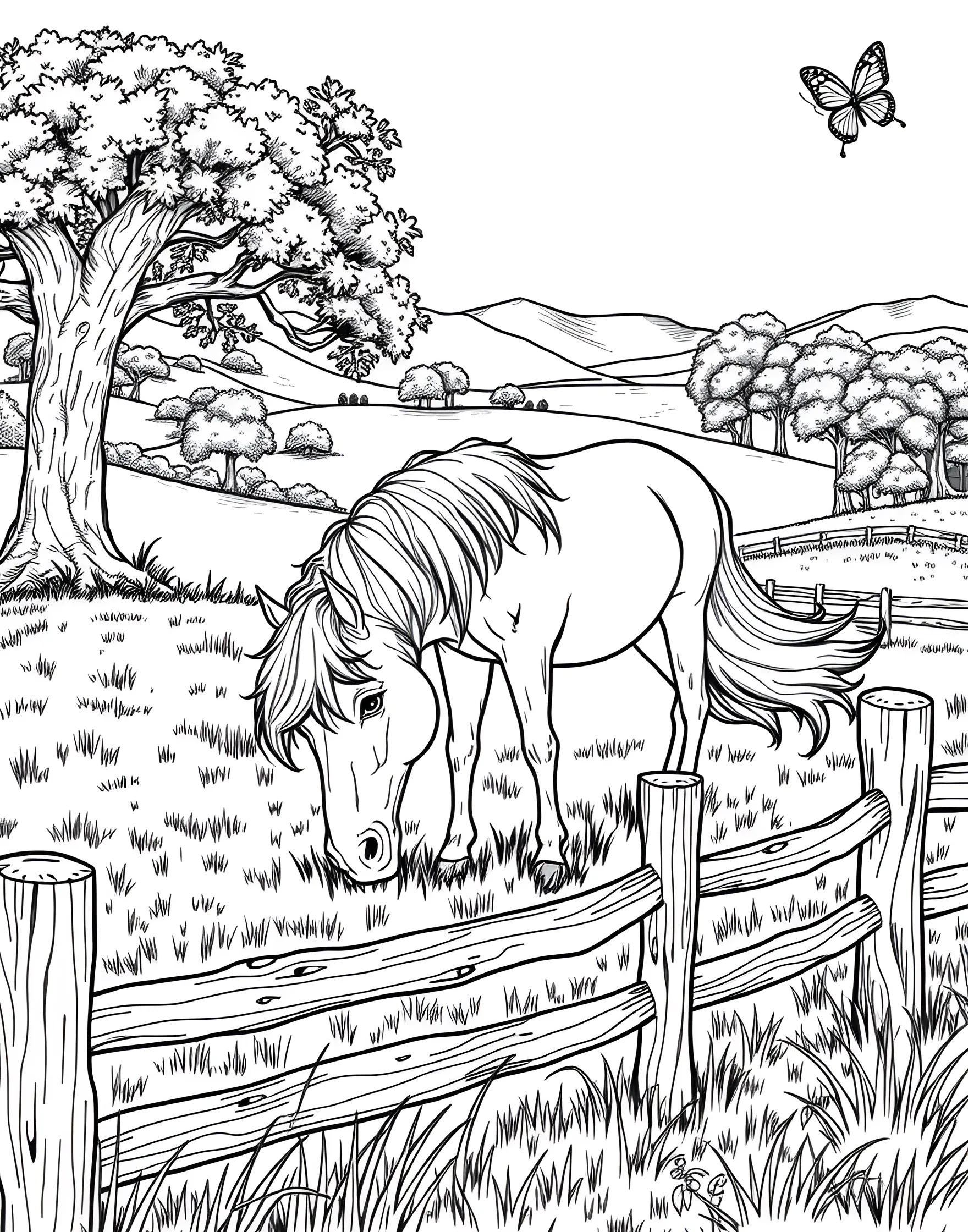 Serene Horse Grazing in a Pasture Coloring Page -- prompt: "A horse peacefully grazing in a green pasture with a wooden fence and trees in the distance." -- This peaceful coloring page depicts a horse quietly grazing in a lush pasture. The horse's relaxed posture and the surrounding flora create a sense of tranquility. A fence and distant trees frame the scene, offering a complete pastoral picture to color and enjoy.