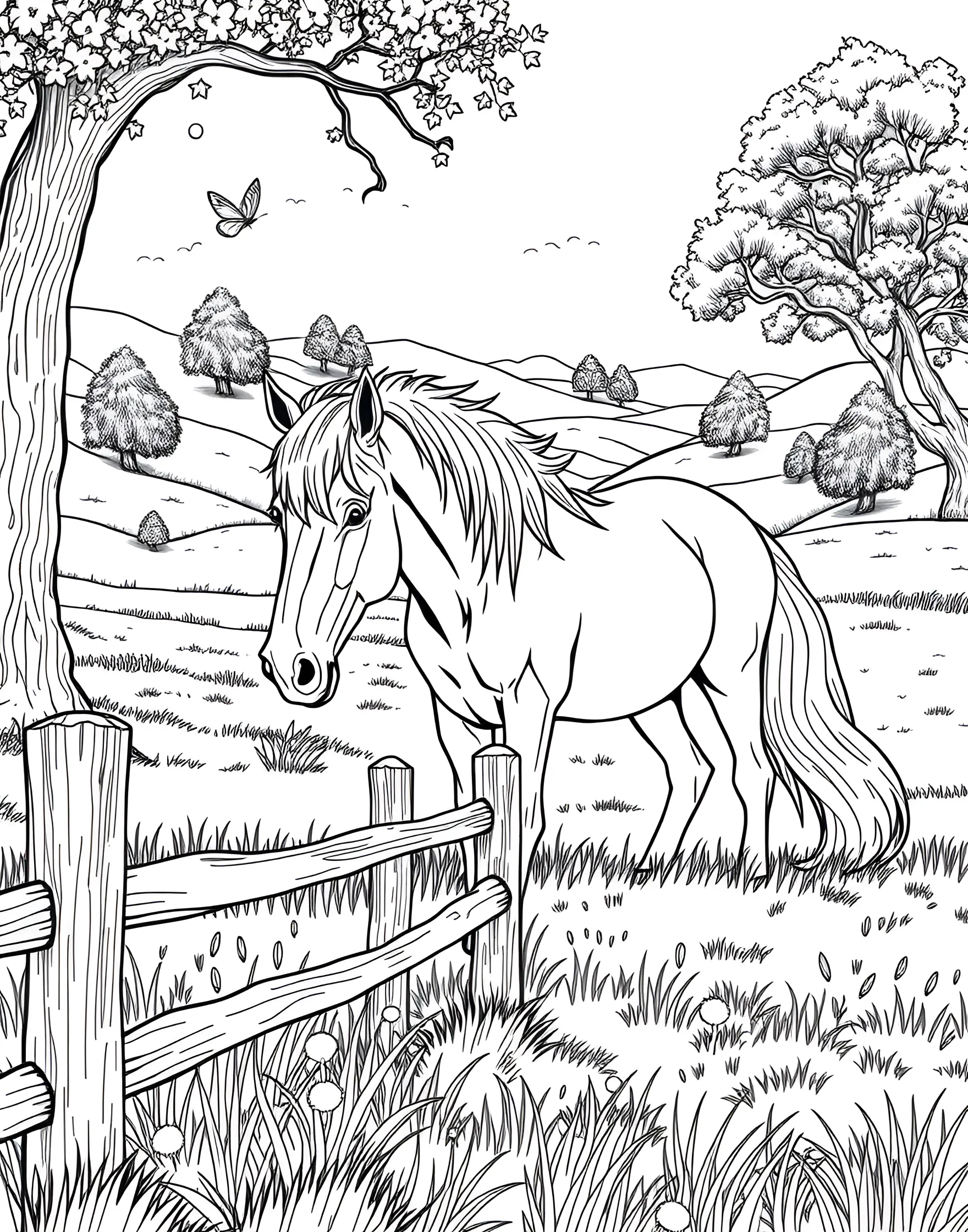 Serene Horse Grazing in a Pasture Coloring Page -- prompt: "A horse peacefully grazing in a green pasture with a wooden fence and trees in the distance." -- This peaceful coloring page depicts a horse quietly grazing in a lush pasture. The horse's relaxed posture and the surrounding flora create a sense of tranquility. A fence and distant trees frame the scene, offering a complete pastoral picture to color and enjoy.