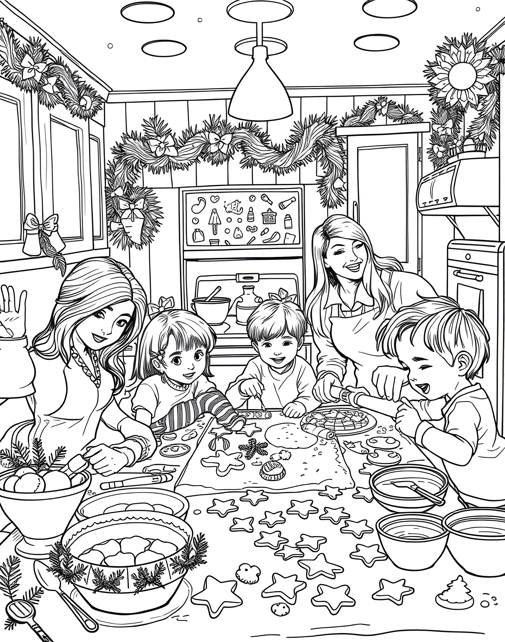 Christmas Cookie Baking Frenzy Coloring Page -- prompt: "A family baking and decorating Christmas cookies in a busy, festive kitchen." -- Join in the holiday baking fun with this bustling kitchen scene. Children and adults work together to roll dough, cut out shapes, and decorate cookies. Gingerbread men, stars, and trees cover every surface.