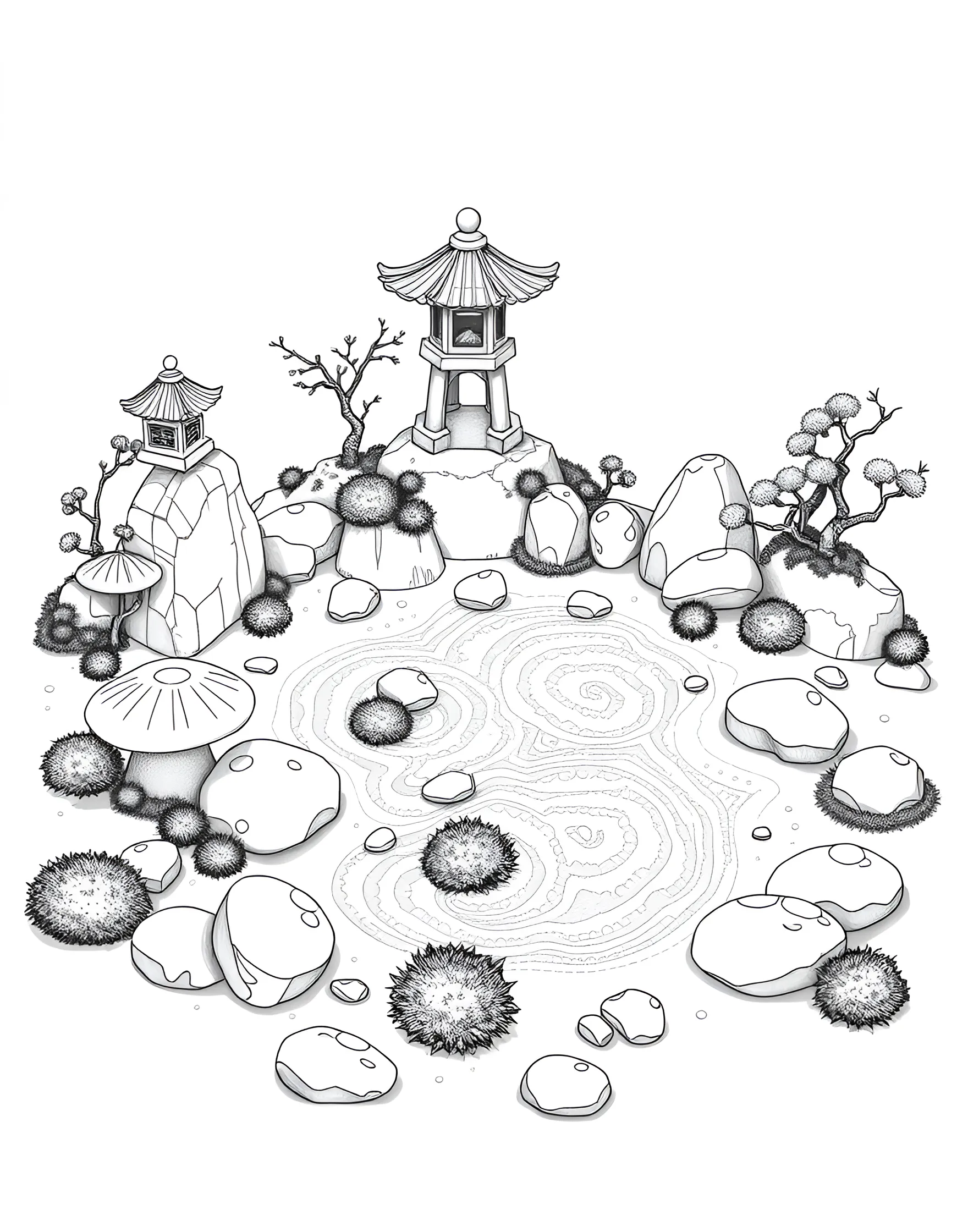 Mushroom-themed Zen Garden Coloring Page -- prompt: "A Zen garden with mushroom-shaped rocks and formations arranged in carefully raked sand patterns." -- Find peace and tranquility with this mushroom-themed Zen garden coloring page. Various mushroom shapes are arranged among carefully raked sand patterns, creating a serene Asian-inspired scene. This page is perfect for those seeking a calming and meditative coloring experience.