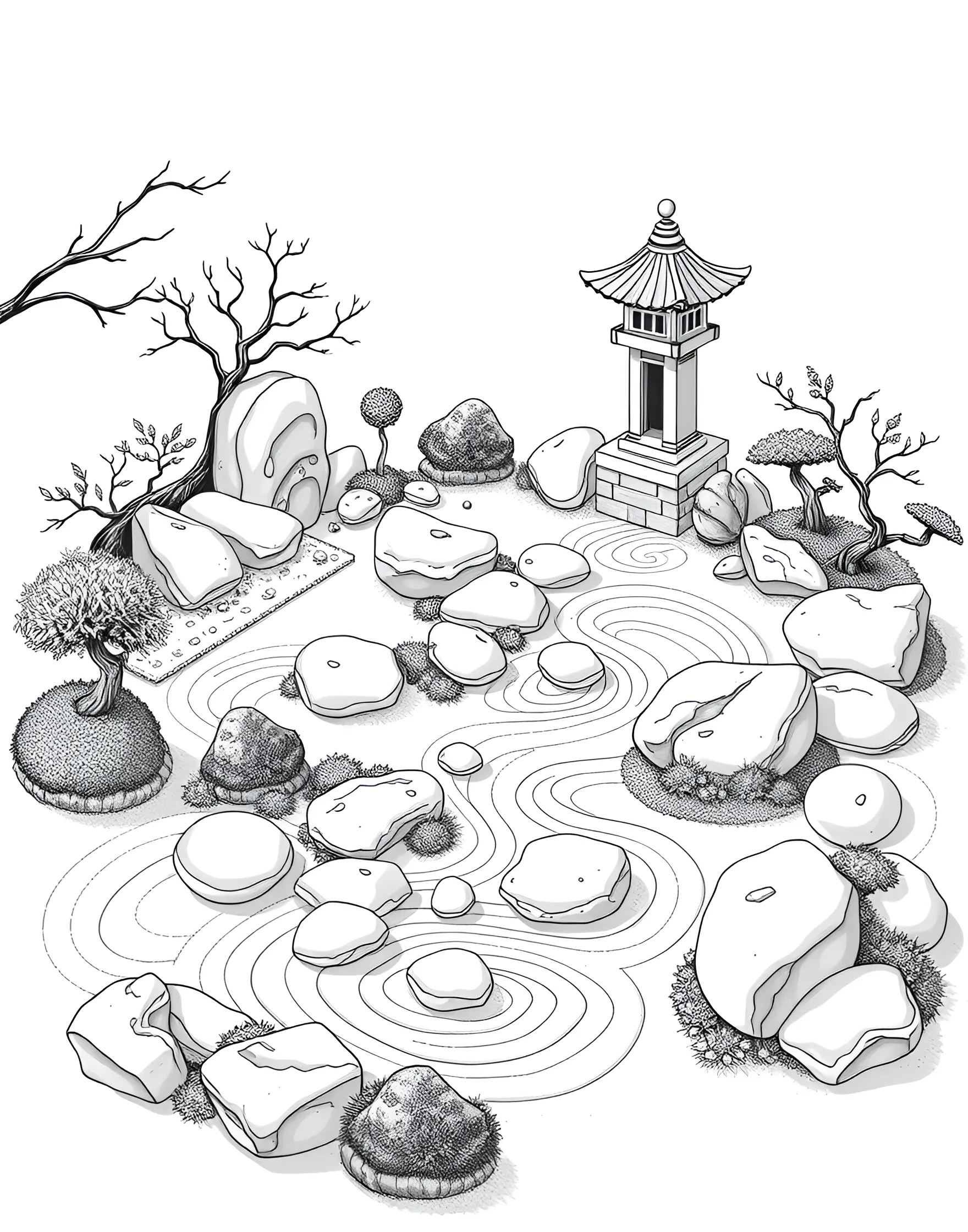 Mushroom-themed Zen Garden Coloring Page -- prompt: "A Zen garden with mushroom-shaped rocks and formations arranged in carefully raked sand patterns." -- Find peace and tranquility with this mushroom-themed Zen garden coloring page. Various mushroom shapes are arranged among carefully raked sand patterns, creating a serene Asian-inspired scene. This page is perfect for those seeking a calming and meditative coloring experience.