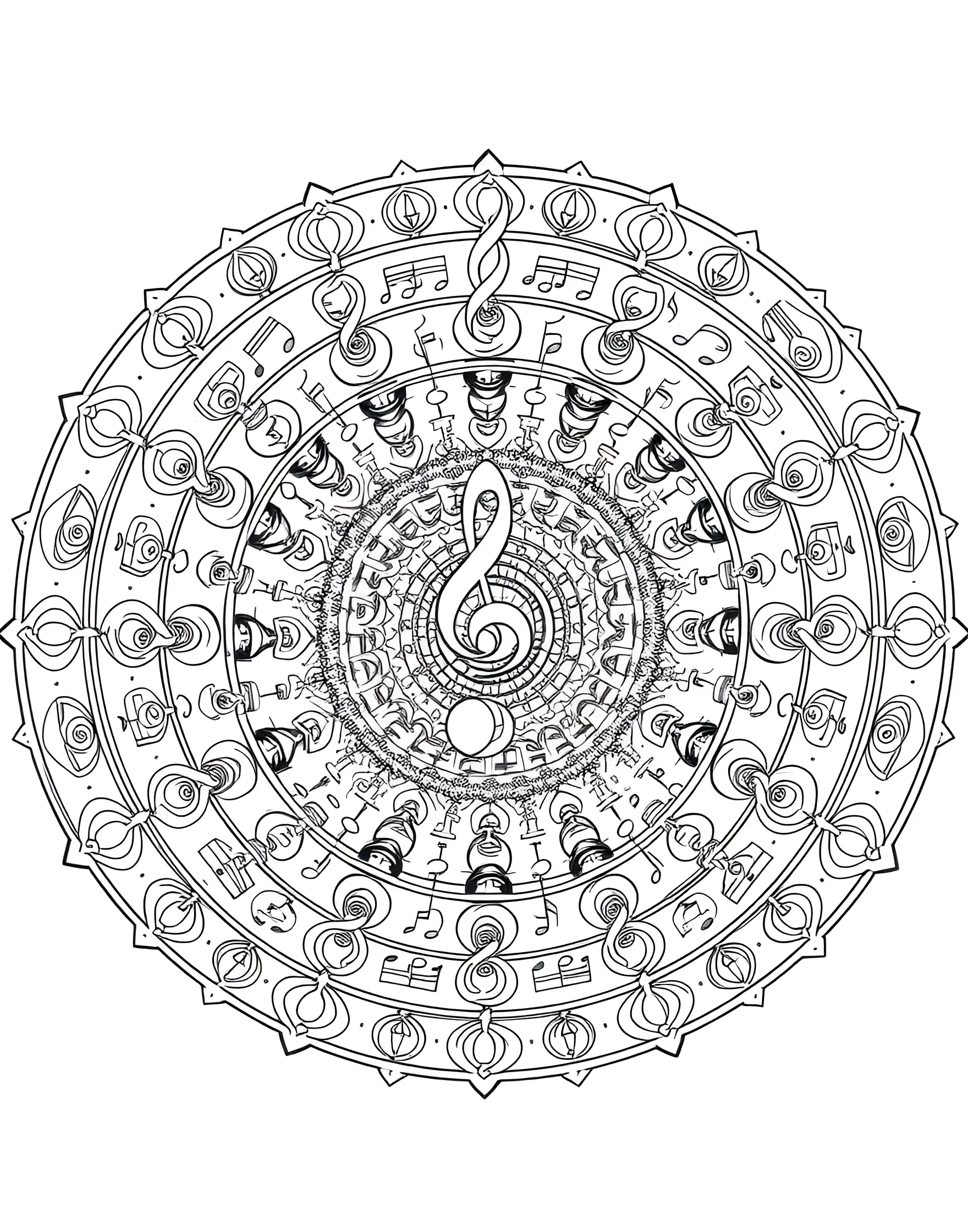 Musical Harmony Mandala Coloring Page -- prompt: "A mandala composed of musical elements like notes, instruments, and sound wave patterns arranged in a harmonious, circular design." -- Feel the rhythm of this musically-inspired mandala. Musical notes, instruments, and sound waves combine to create a symphony of circular patterns. Let the visual representation of music guide your coloring choices.