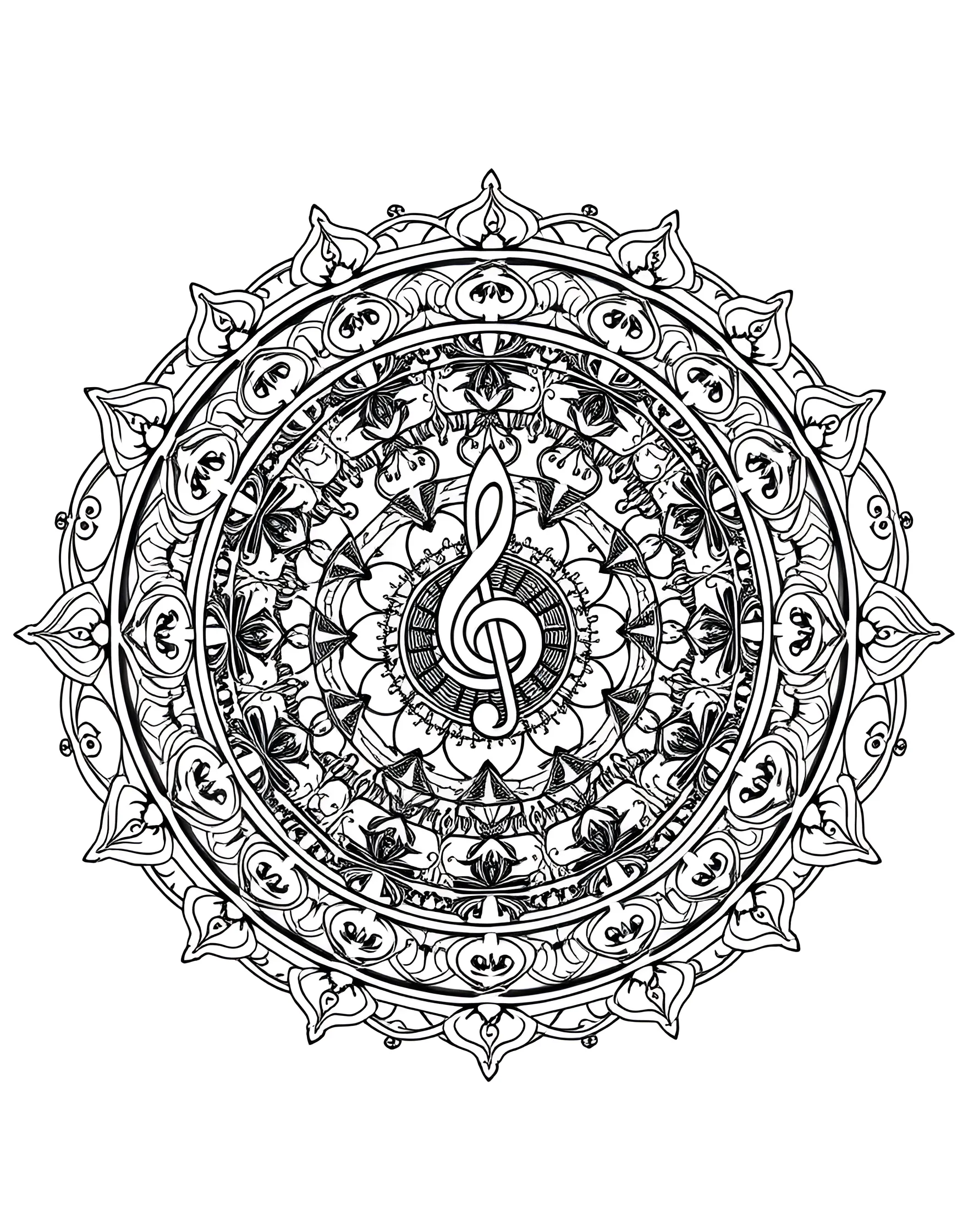 Musical Harmony Mandala Coloring Page -- prompt: "A mandala composed of musical elements like notes, instruments, and sound wave patterns arranged in a harmonious, circular design." -- Feel the rhythm of this musically-inspired mandala. Musical notes, instruments, and sound waves combine to create a symphony of circular patterns. Let the visual representation of music guide your coloring choices.