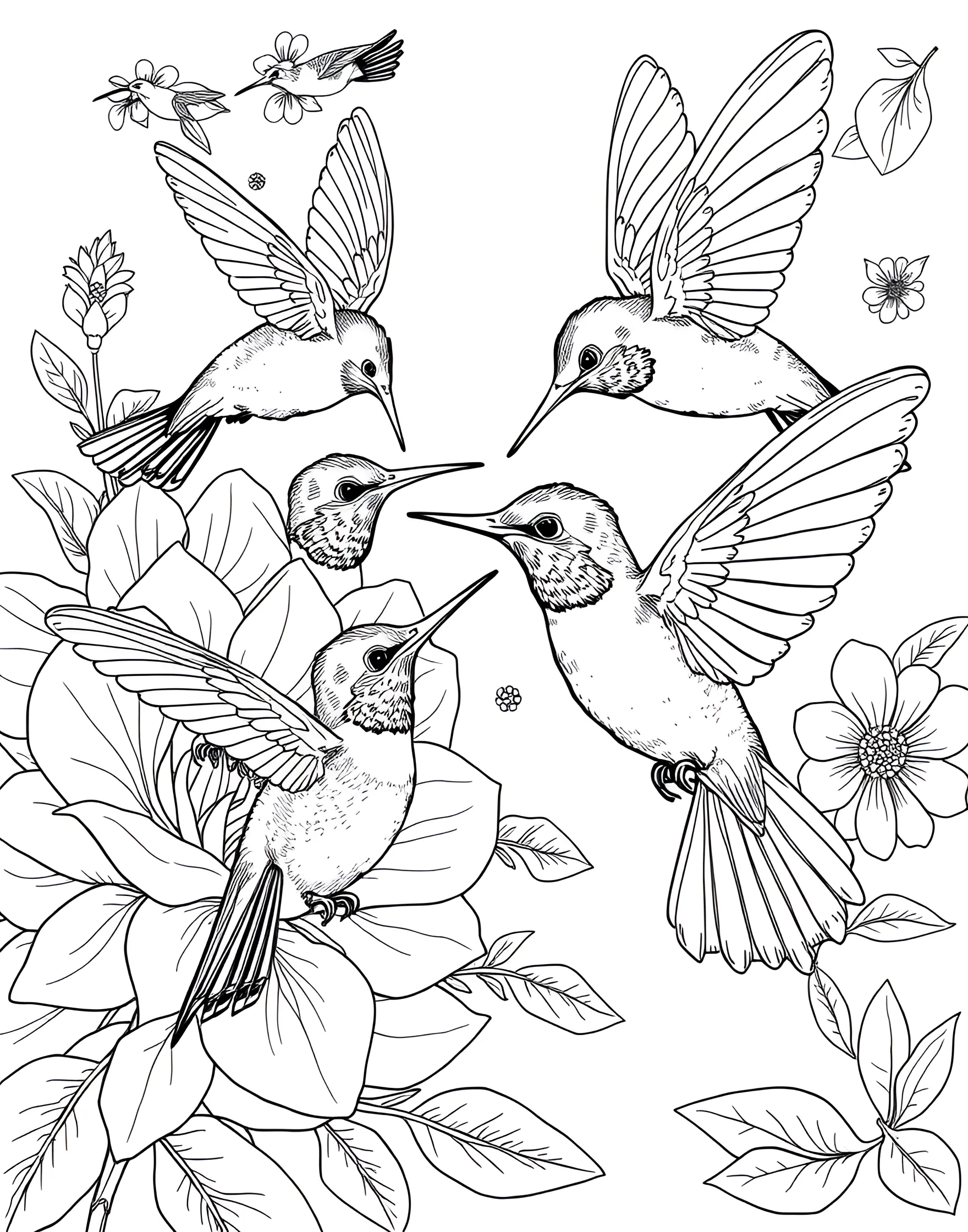 Hummingbird's Nectar Quest Coloring Page -- prompt: "Hummingbirds hovering near brightly colored flowers, with some drinking nectar and others in mid-flight." -- Flutter into a world of vibrant colors with this delightful coloring page of hummingbirds. The scene shows these tiny, energetic birds hovering near colorful flowers, their long beaks reaching for nectar. This page offers a chance to use bright, tropical colors and learn about pollination.