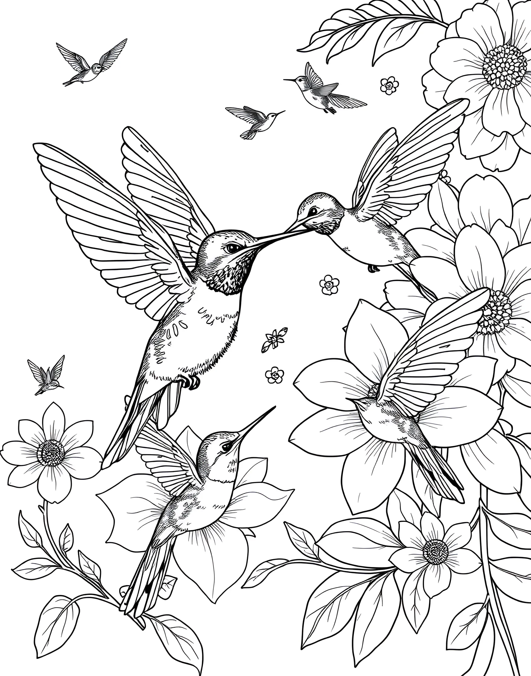 Hummingbird's Nectar Quest Coloring Page -- prompt: "Hummingbirds hovering near brightly colored flowers, with some drinking nectar and others in mid-flight." -- Flutter into a world of vibrant colors with this delightful coloring page of hummingbirds. The scene shows these tiny, energetic birds hovering near colorful flowers, their long beaks reaching for nectar. This page offers a chance to use bright, tropical colors and learn about pollination.