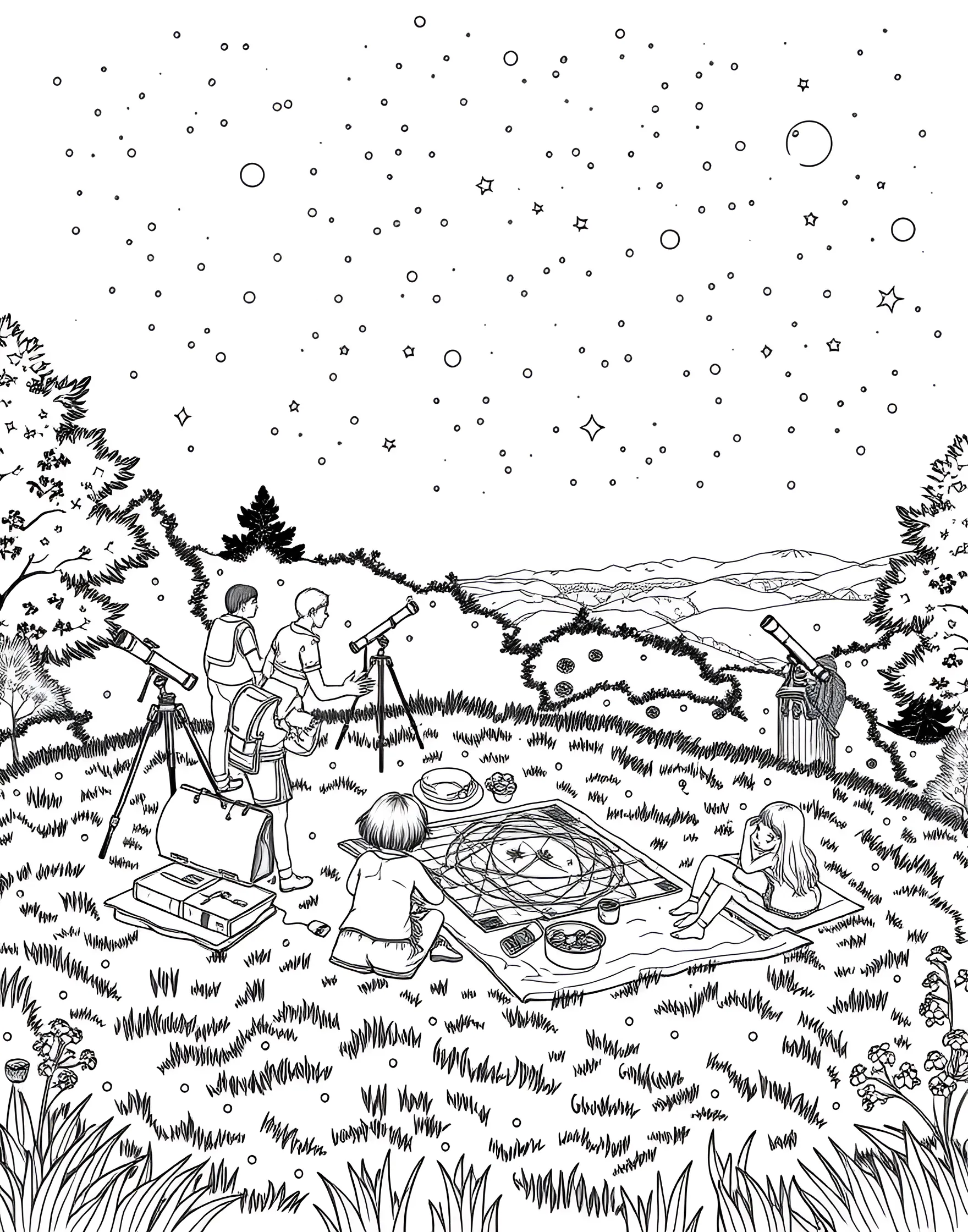 Summer Stargazing Party Coloring Page -- prompt: "People stargazing on a hilltop with telescopes and star charts." -- Explore the wonders of the night sky with this summer stargazing scene. Friends gather on a hilltop with telescopes and star charts, pointing out constellations. This page combines the beauty of summer nights with the excitement of astronomical discovery.