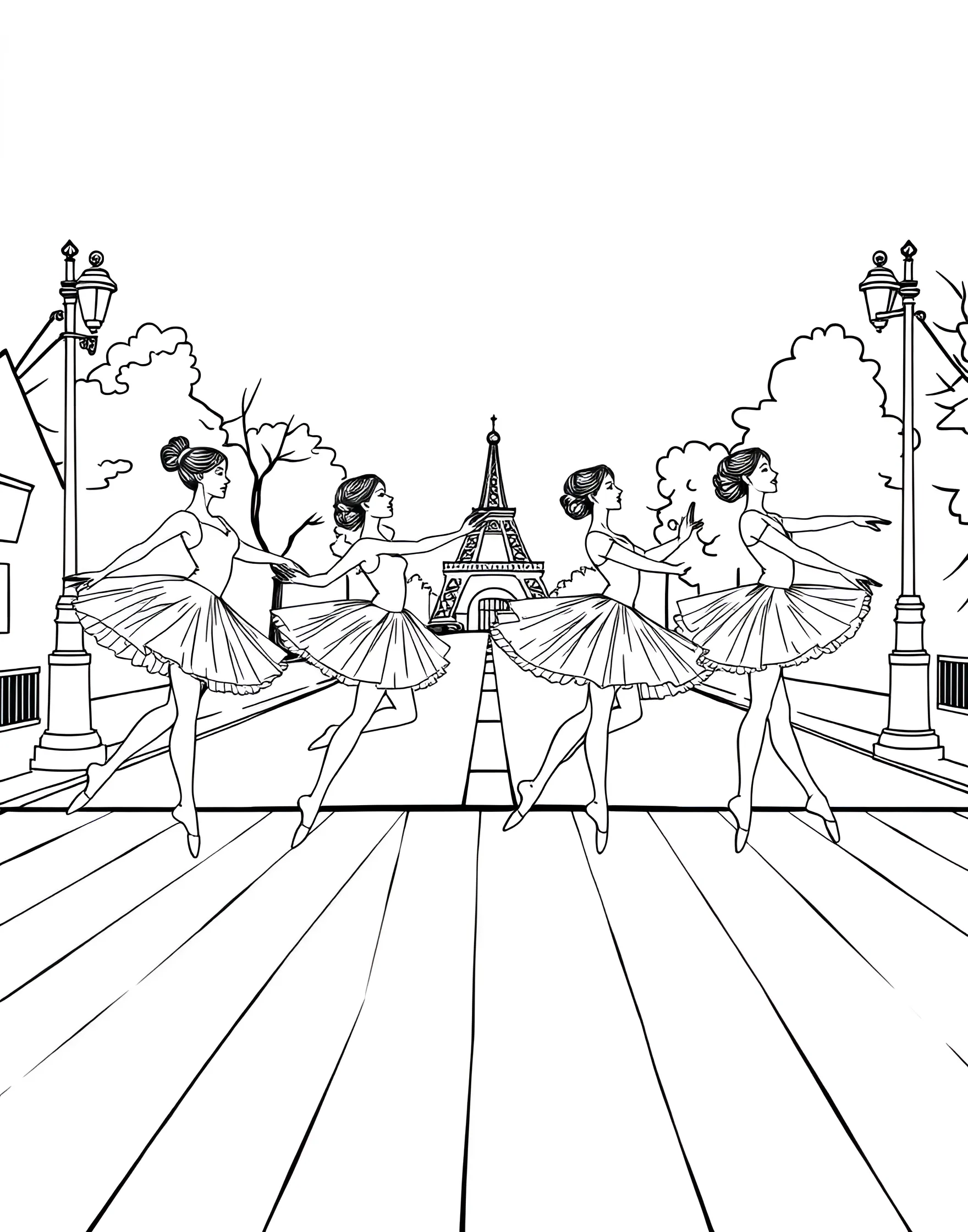 Ballerina Crossing Abbey Road Coloring Page -- prompt: "Four ballerinas in different poses crossing Abbey Road in the style of the famous Beatles album cover." -- This playful coloring page reimagines the famous Abbey Road album cover with ballerinas. It shows four dancers in different ballet poses crossing the iconic crosswalk. This page is a fun fusion of pop culture and ballet, offering a unique coloring experience.