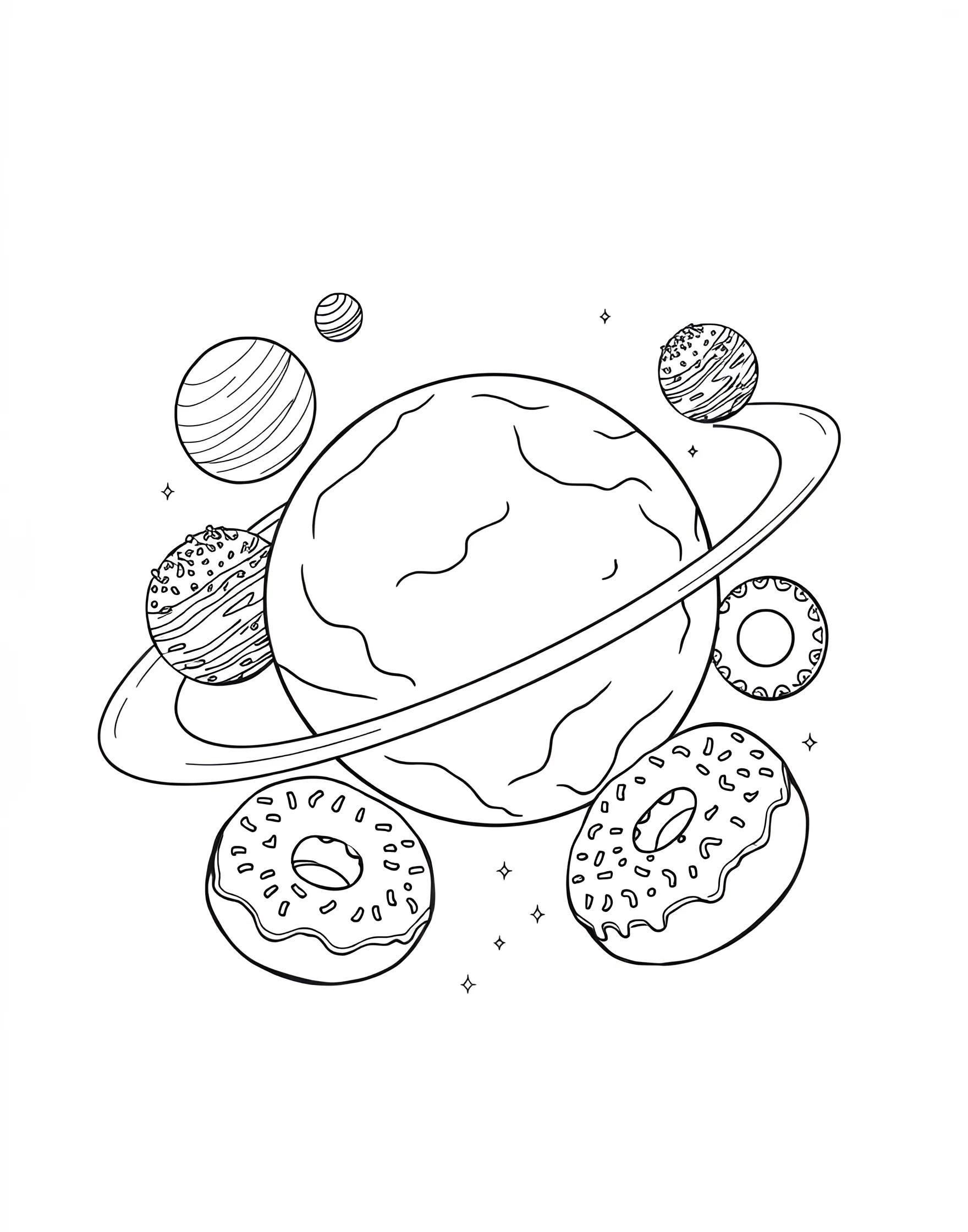 Donut Solar System Coloring Page -- prompt: "The solar system with planets represented by different types of donuts orbiting a large sun donut." -- Explore the cosmos with a sweet twist in this donut solar system coloring page. Each planet is represented by a different style of donut, orbiting around a central sun donut. It's an educational and imaginative page that combines space science with delicious designs.