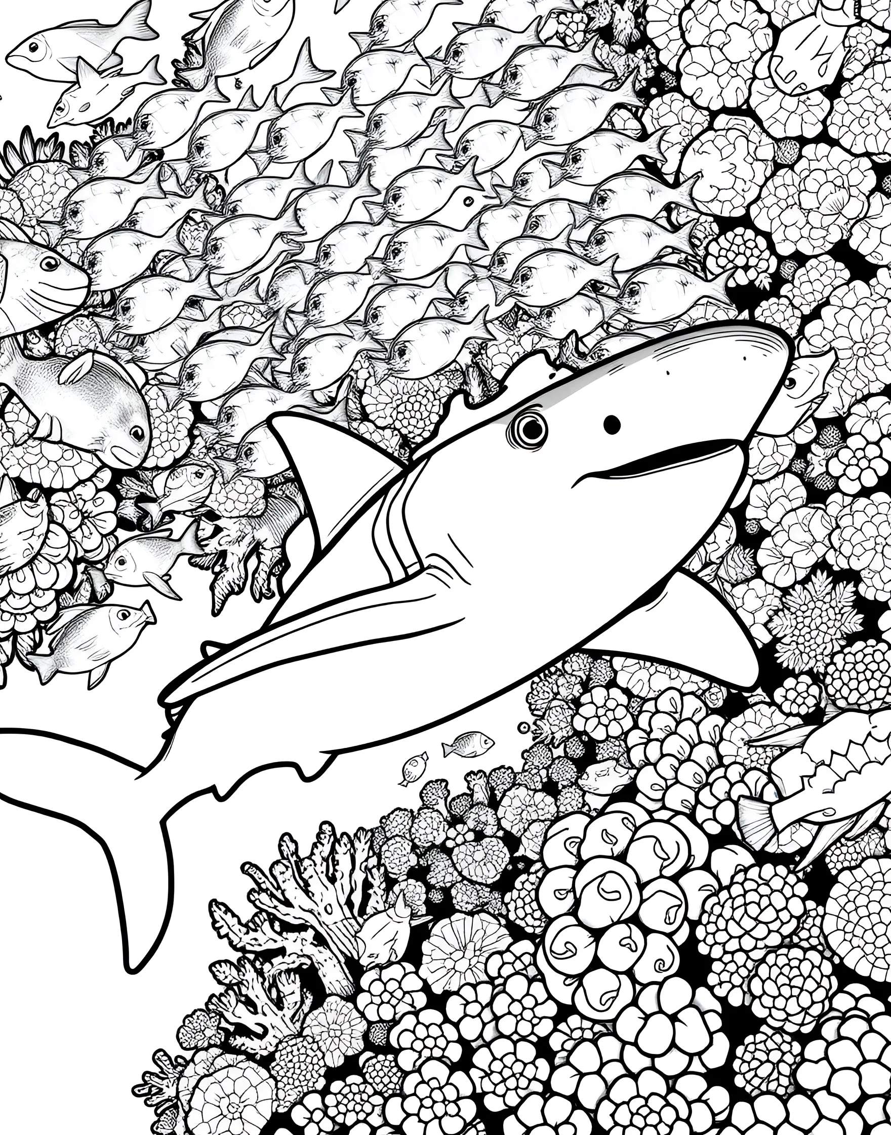 Friendly Hammerhead Shark Coloring Page -- prompt: "A friendly hammerhead shark swimming near a vibrant coral reef with small fish around it." -- Meet a charming hammerhead shark with its distinctive T-shaped head. This coloring page features a smiling hammerhead swimming among colorful coral reefs. It's an excellent chance to learn about this unique shark species while enjoying a fun coloring session.