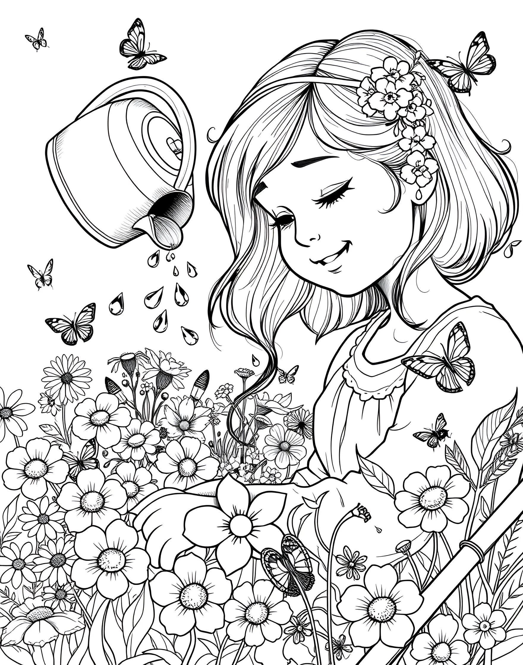 Girl Gardener and Her Flower Patch Coloring Page -- prompt: "A girl gardener watering a colorful flower patch with butterflies and bees flying around." -- Celebrate nature with this sweet coloring page of a girl tending to her flower garden. She kneels among a variety of blooming flowers, holding a watering can. Butterflies and bees hover nearby, creating a peaceful scene that's perfect for adding vibrant colors and fine details.