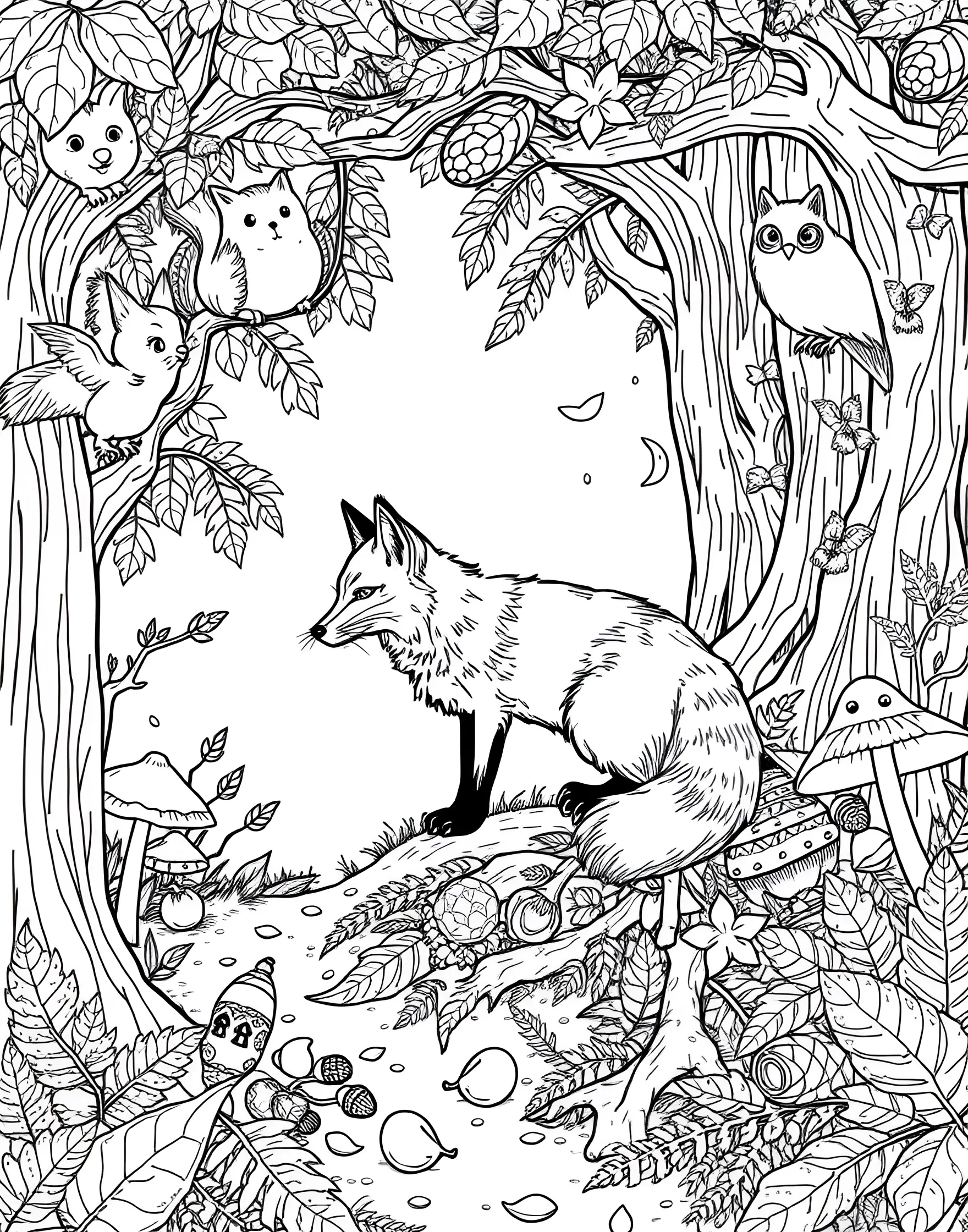 Sneaky Fox in the Forest Coloring Page -- prompt: "A fox sneaking through a forest with fallen leaves, mushrooms, and other small woodland animals visible." -- Discover the cunning beauty of foxes with this enchanting coloring page. The scene depicts a fox moving stealthily through a forest, surrounded by trees, mushrooms, and other woodland creatures. This page offers a chance to explore autumn colors and learn about forest ecosystems.