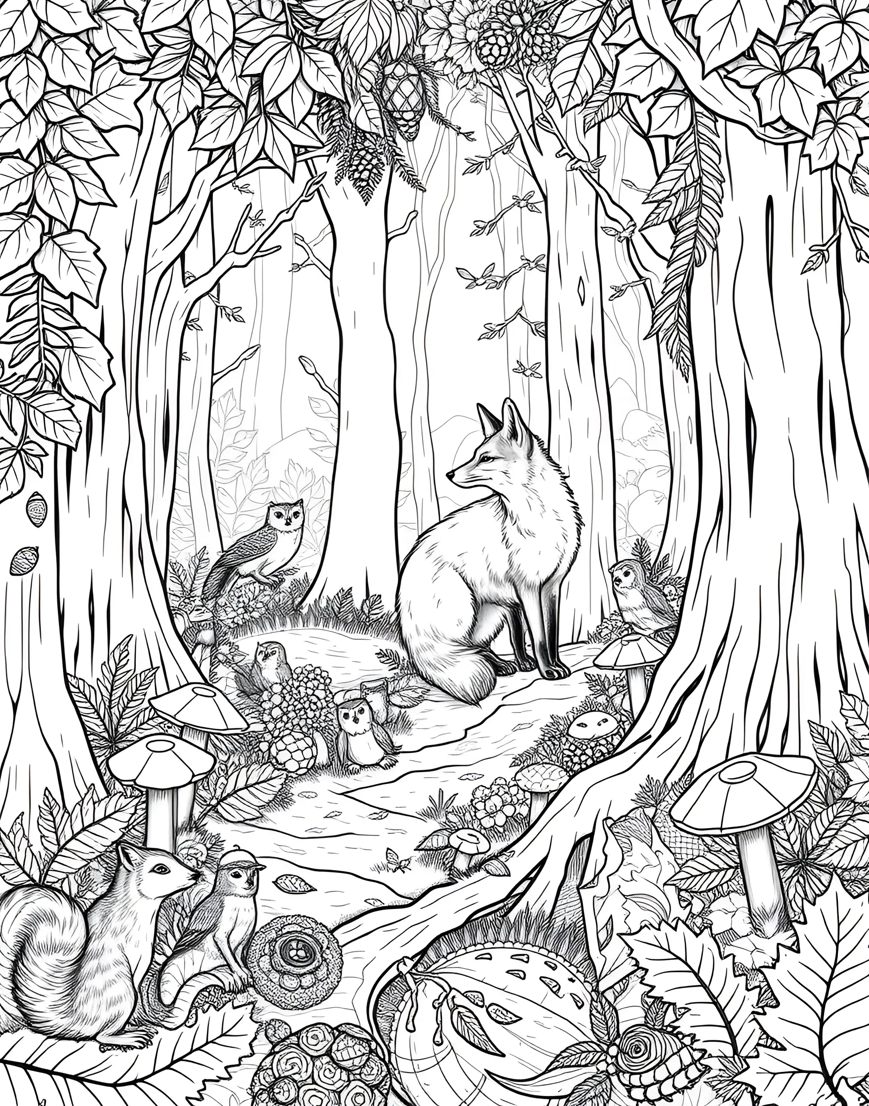 Sneaky Fox in the Forest Coloring Page -- prompt: "A fox sneaking through a forest with fallen leaves, mushrooms, and other small woodland animals visible." -- Discover the cunning beauty of foxes with this enchanting coloring page. The scene depicts a fox moving stealthily through a forest, surrounded by trees, mushrooms, and other woodland creatures. This page offers a chance to explore autumn colors and learn about forest ecosystems.