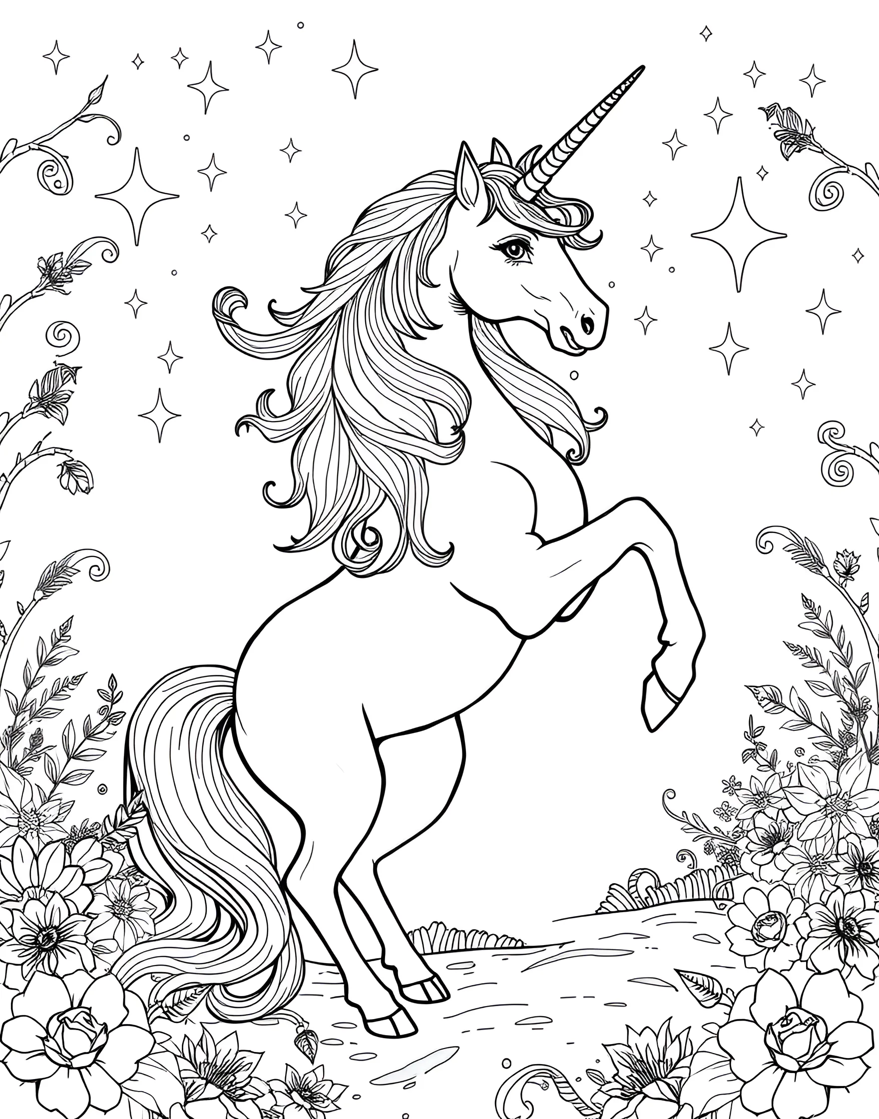 Majestic Unicorn Horse Coloring Page -- prompt: "A rearing unicorn with a flowing mane and tail, surrounded by stars and magical swirls in a forest clearing." -- Blend reality with fantasy in this magical unicorn horse coloring page. The unicorn is shown rearing up, its spiral horn gleaming and mane flowing. Stars and swirls in the background enhance the mythical atmosphere, inviting colorists to use their imagination and create a truly enchanting scene.