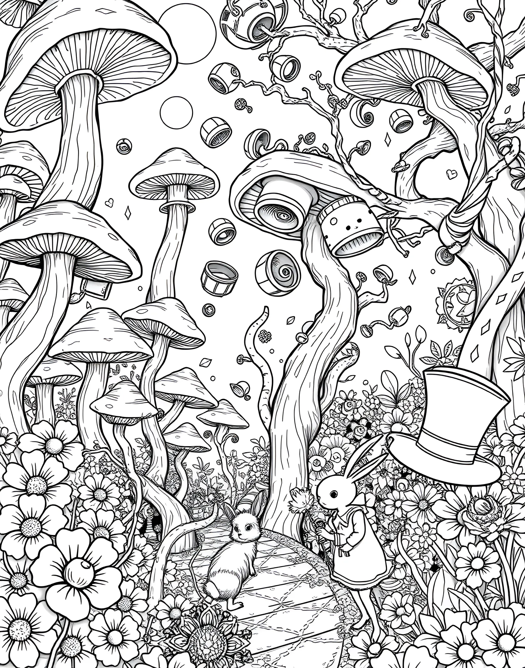 Whimsical Alice in Wonderland Scene Coloring Page -- prompt: "A whimsical scene inspired by Alice in Wonderland, featuring characters and symbols from the story in a detailed, dreamlike composition suitable for adult coloring." -- Journey down the rabbit hole with this fantastical Alice in Wonderland-inspired coloring page. Familiar characters and iconic symbols from the beloved story are woven into a dreamlike composition. Let your imagination run wild as you bring this whimsical world to life with color.