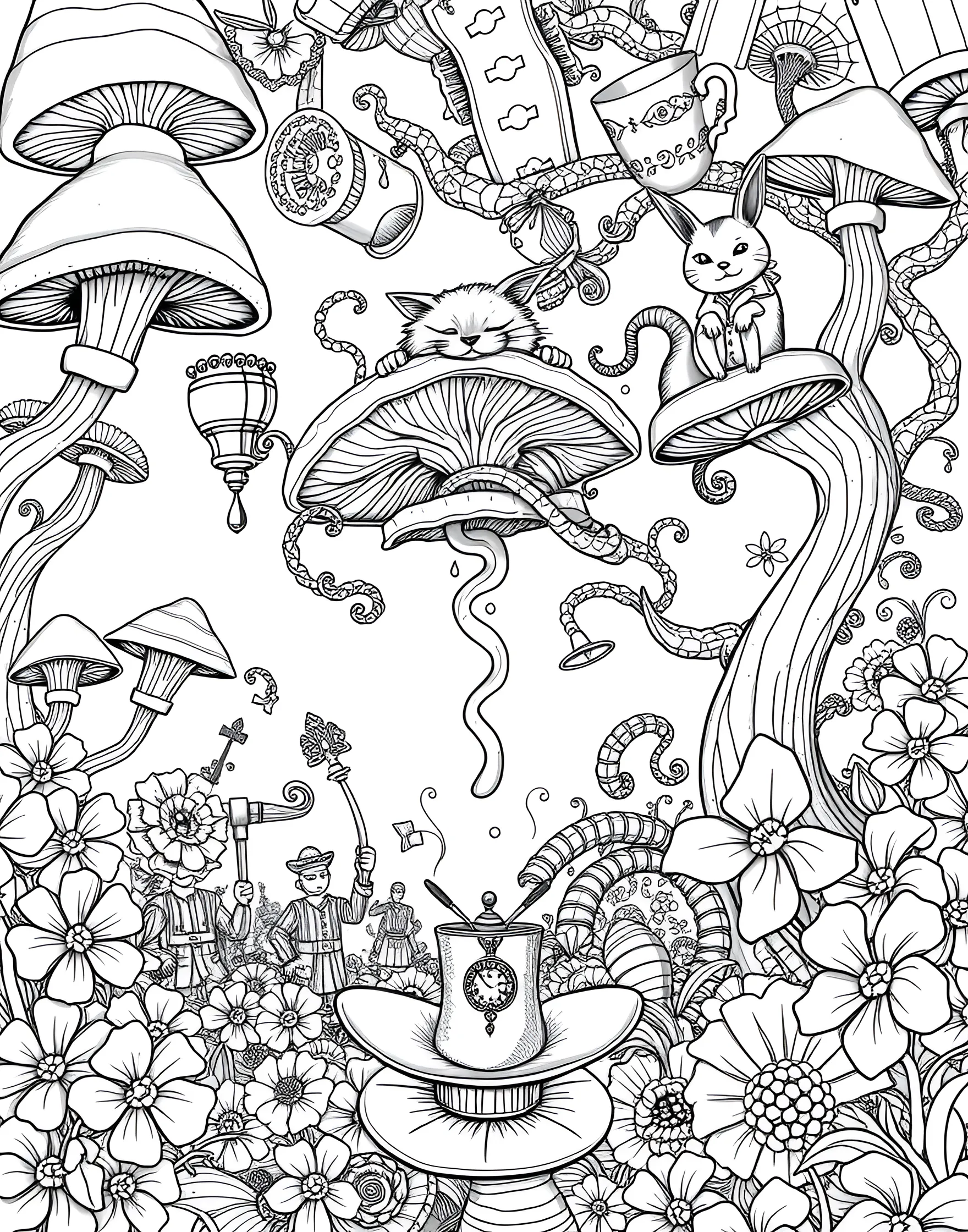 Whimsical Alice in Wonderland Scene Coloring Page -- prompt: "A whimsical scene inspired by Alice in Wonderland, featuring characters and symbols from the story in a detailed, dreamlike composition suitable for adult coloring." -- Journey down the rabbit hole with this fantastical Alice in Wonderland-inspired coloring page. Familiar characters and iconic symbols from the beloved story are woven into a dreamlike composition. Let your imagination run wild as you bring this whimsical world to life with color.