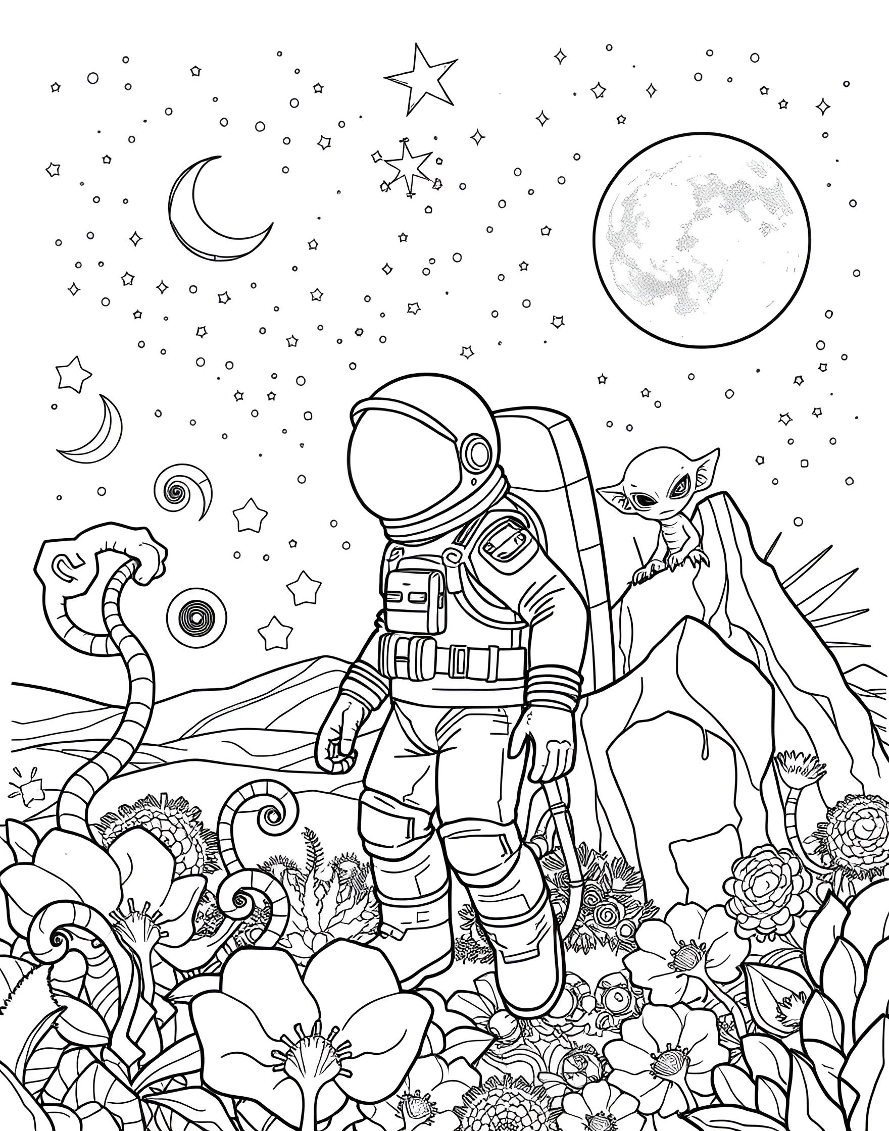 Space Explorer on Alien Planet Coloring Page -- prompt: "An astronaut exploring an alien planet with unusual plants and two moons in the sky." -- Blast off into an otherworldly adventure with this space explorer coloring page. An astronaut stands on the surface of an alien planet, surrounded by strange plants and a starry sky. This page encourages boys to imagine life beyond Earth while they color.