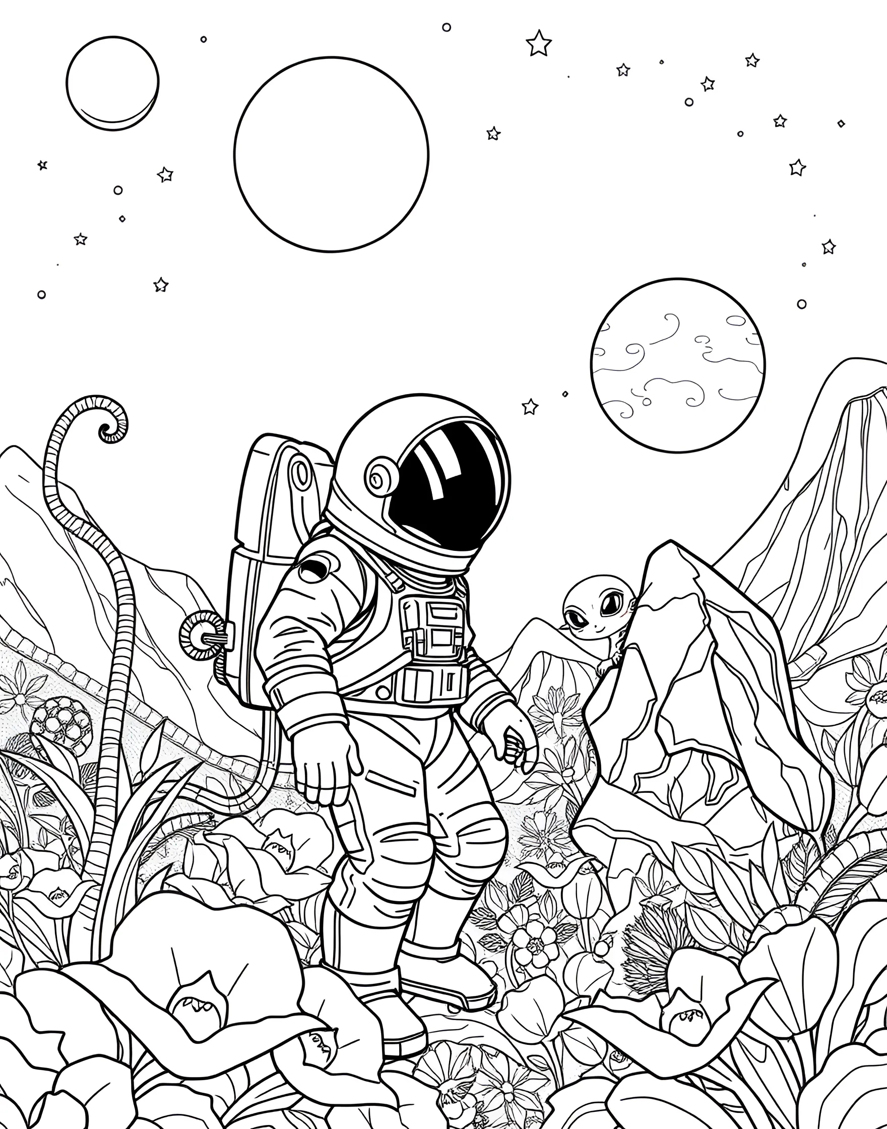 Space Explorer on Alien Planet Coloring Page -- prompt: "An astronaut exploring an alien planet with unusual plants and two moons in the sky." -- Blast off into an otherworldly adventure with this space explorer coloring page. An astronaut stands on the surface of an alien planet, surrounded by strange plants and a starry sky. This page encourages boys to imagine life beyond Earth while they color.