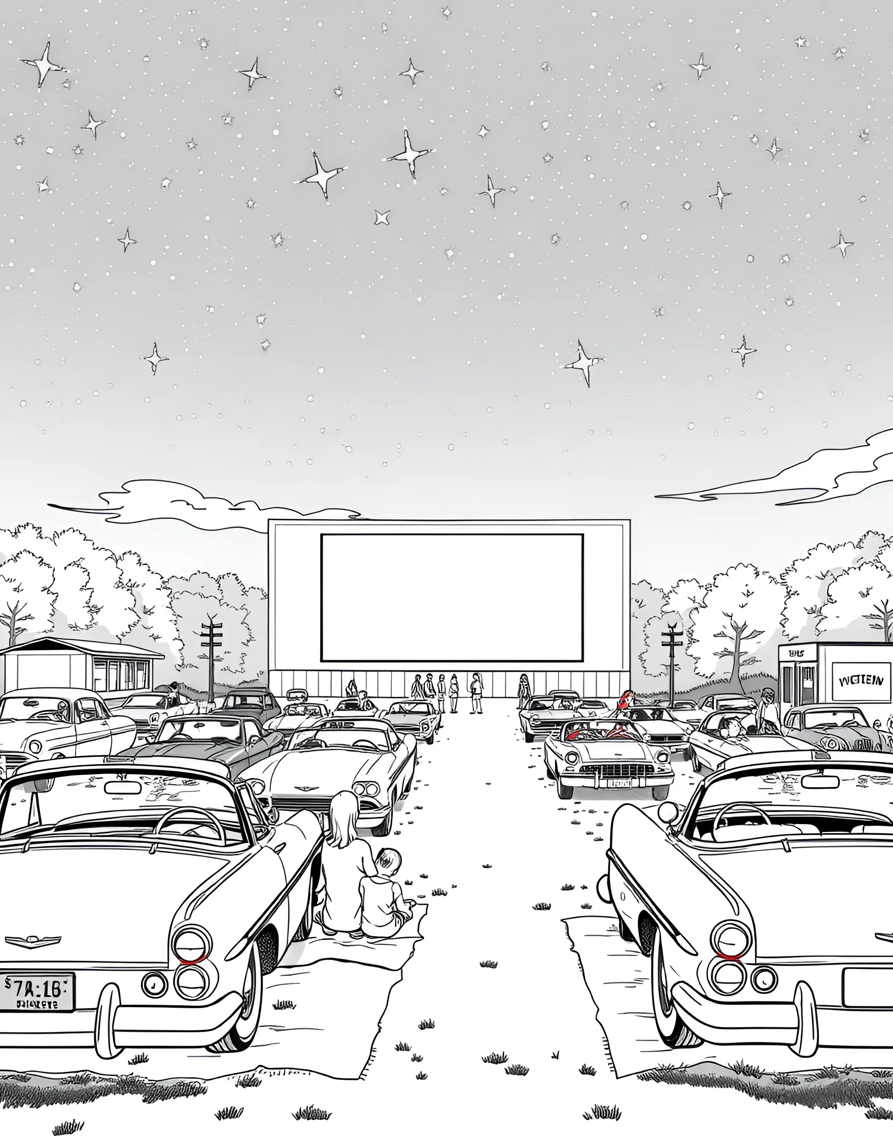 Summertime Drive-In Movie Coloring Page -- prompt: "A drive-in movie theater with cars and people watching a film on a big screen at night." -- Enjoy a nostalgic summer evening with this drive-in movie scene. Cars are parked facing a large screen, with people sitting on blankets and lawn chairs. This page captures the magic of outdoor cinema on a warm summer night.