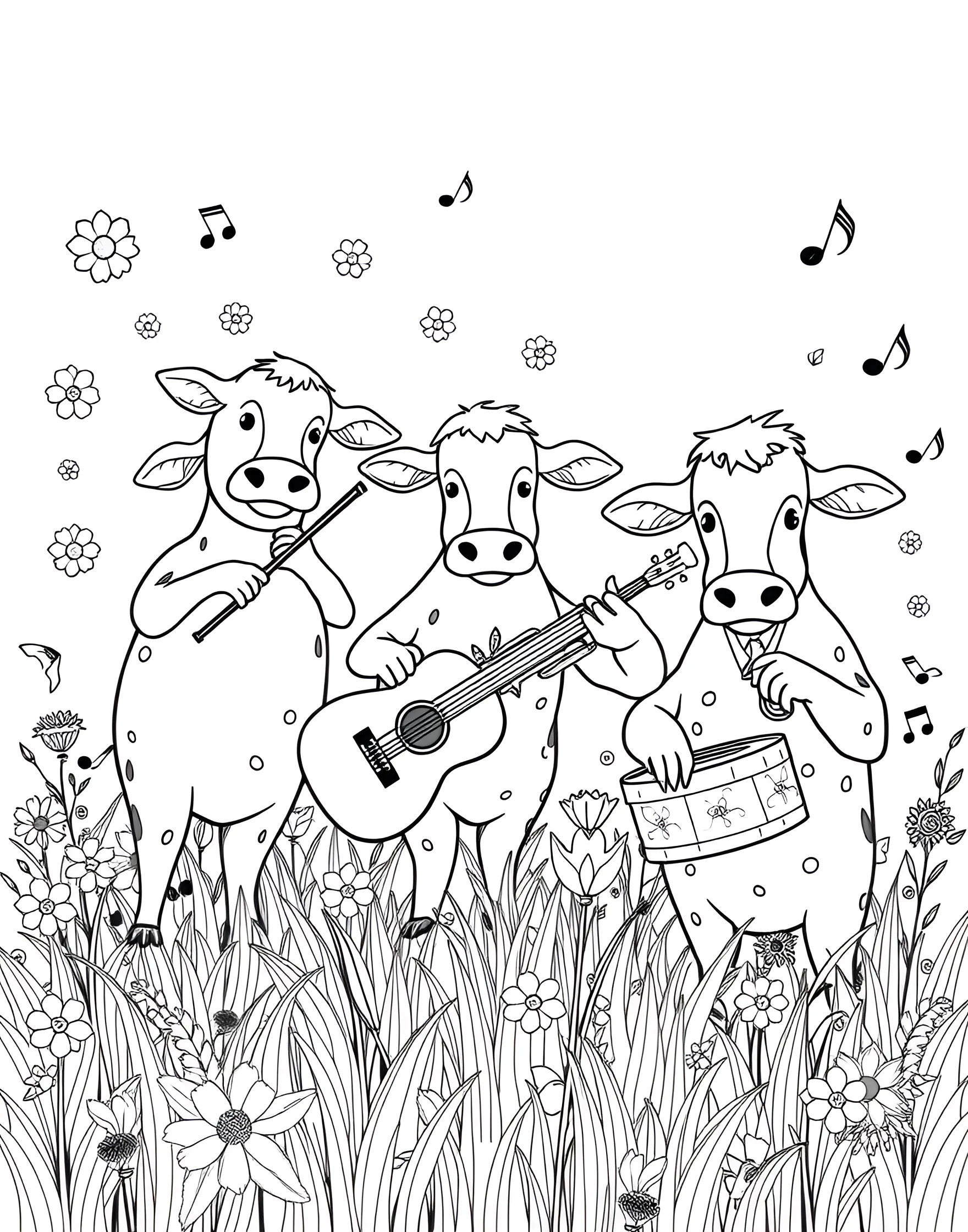 Cow Playing Musical Instruments Coloring Page -- prompt: "A group of cows playing different musical instruments in a field." -- Strike up the band with this melodious cow coloring page. It features a group of cows playing various musical instruments, from guitars to drums. This lively scene is perfect for music lovers and offers plenty of interesting details to color.