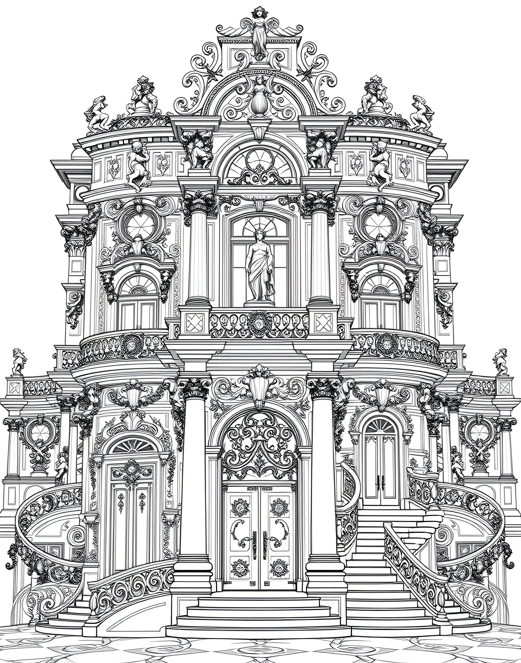 Baroque Architecture Coloring Page -- prompt: "A detailed Baroque-style architectural scene with ornate facades, columns, and sculptures." -- Immerse yourself in the opulence of Baroque architecture with this intricate coloring page. The design showcases elaborate facades, ornate columns, and dramatic sculptures characteristic of this artistic period. As you color, appreciate the grandeur and complexity of this historical architectural style.