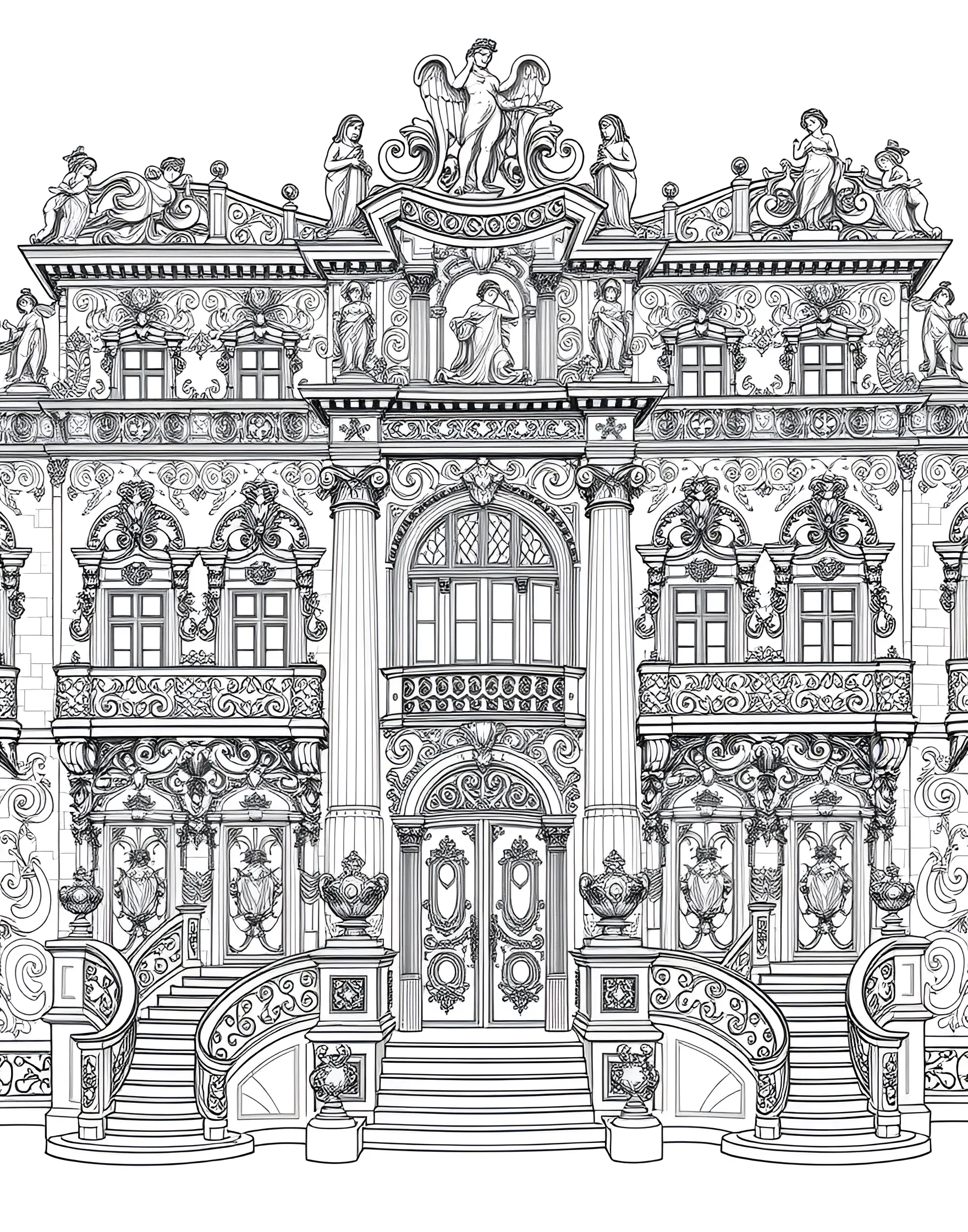 Baroque Architecture Coloring Page -- prompt: "A detailed Baroque-style architectural scene with ornate facades, columns, and sculptures." -- Immerse yourself in the opulence of Baroque architecture with this intricate coloring page. The design showcases elaborate facades, ornate columns, and dramatic sculptures characteristic of this artistic period. As you color, appreciate the grandeur and complexity of this historical architectural style.