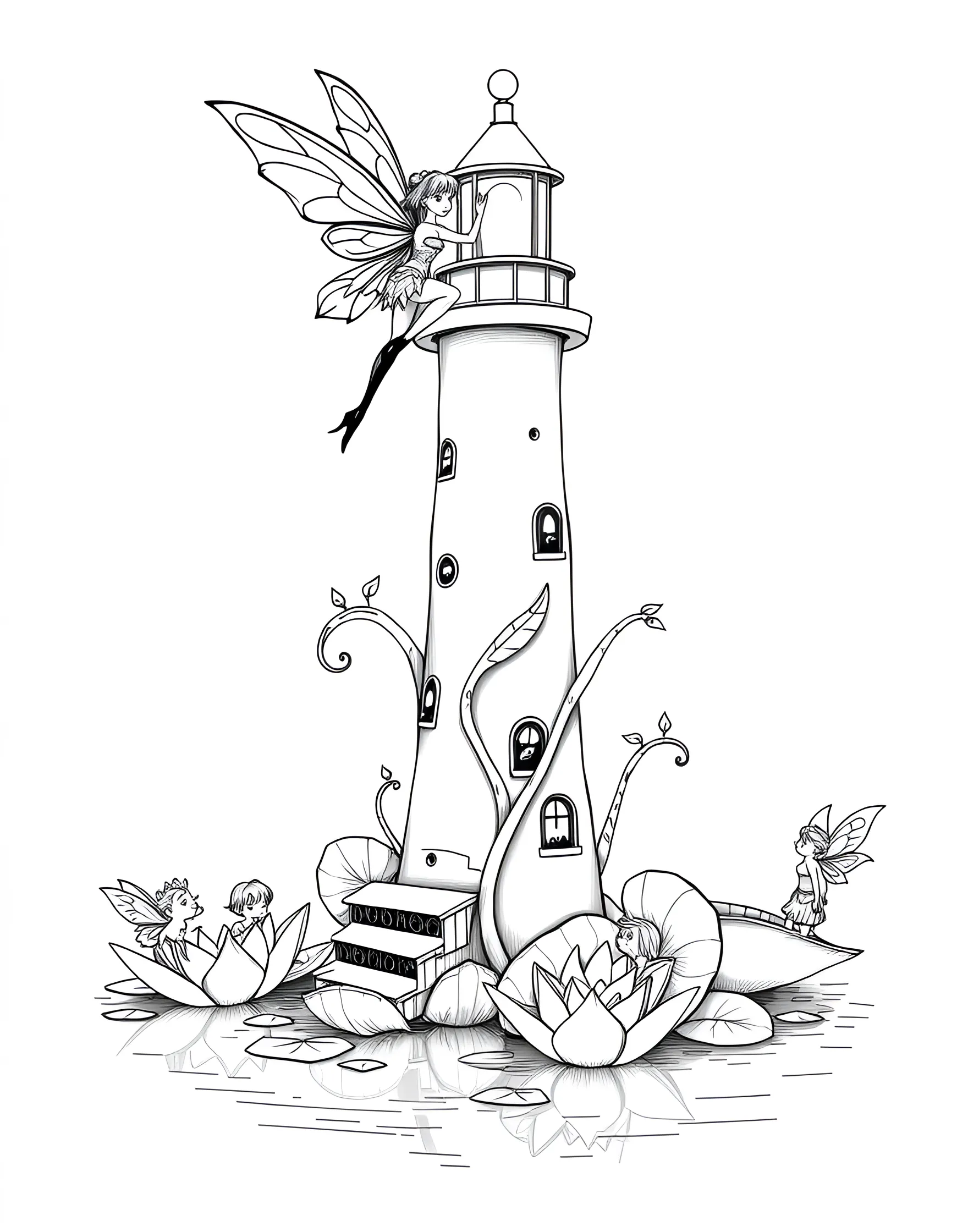 Fairy Lighthouse Keeper Coloring Page -- prompt: "A fairy tending to a lighthouse made from a plant stem with a glowing flower beacon, overlooking a pond with lily pads and fairy boats." -- Discover a unique take on maritime life with this coloring page depicting a fairy lighthouse keeper. The lighthouse is cleverly constructed from a tall, hollow plant stem, with a glowing flower as the beacon. Our diligent fairy tends to the light, ensuring safe passage for tiny fairy boats navigating through lily pad obstacles in a garden pond.