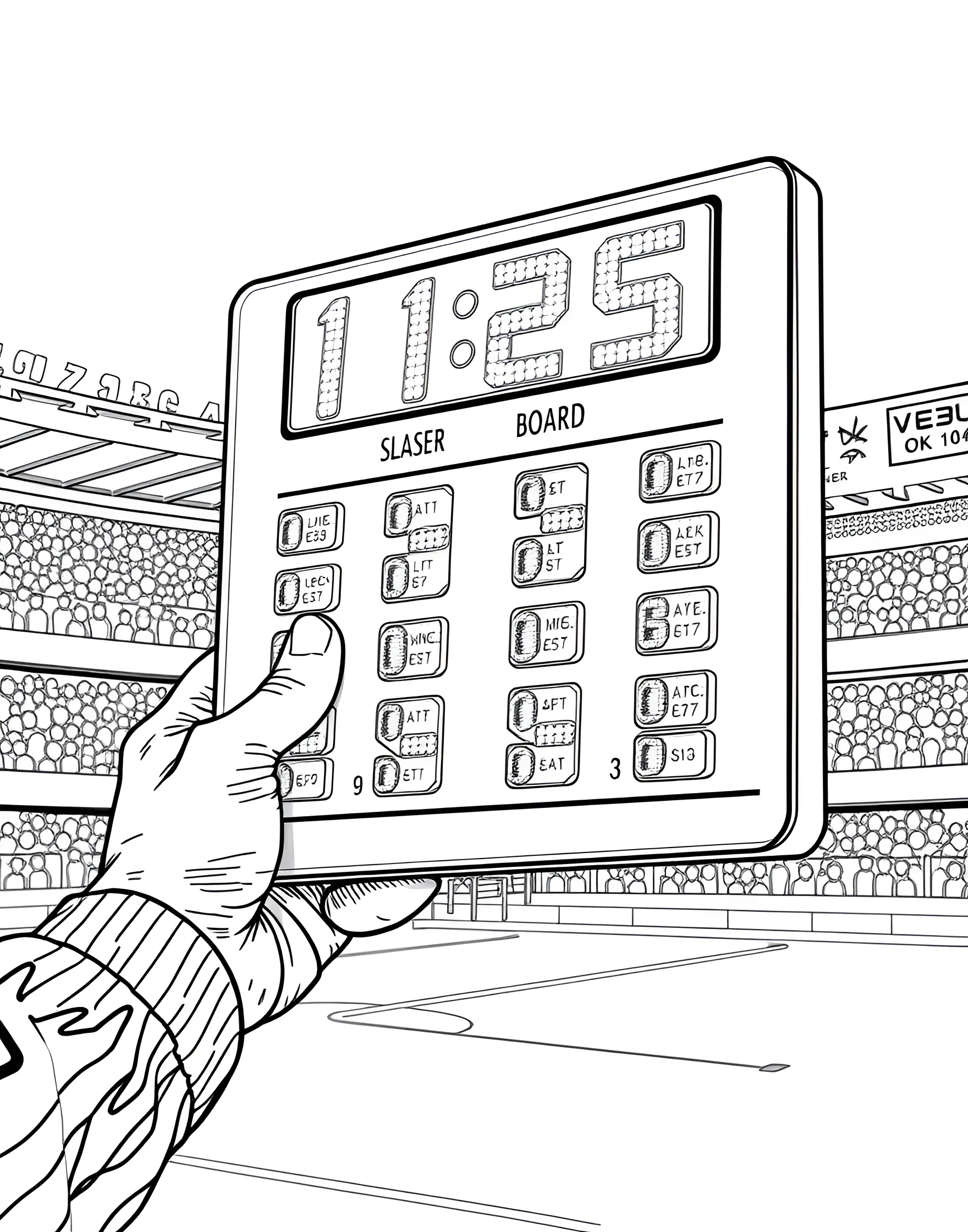 Soccer Substitution Board Coloring Page -- prompt: "A close-up of a soccer substitution board showing player numbers for a change." -- This unique coloring page focuses on the substitution board used in soccer matches. It shows a close-up of the electronic board with numbers displayed. This page offers insight into the technical aspects of managing a soccer game.