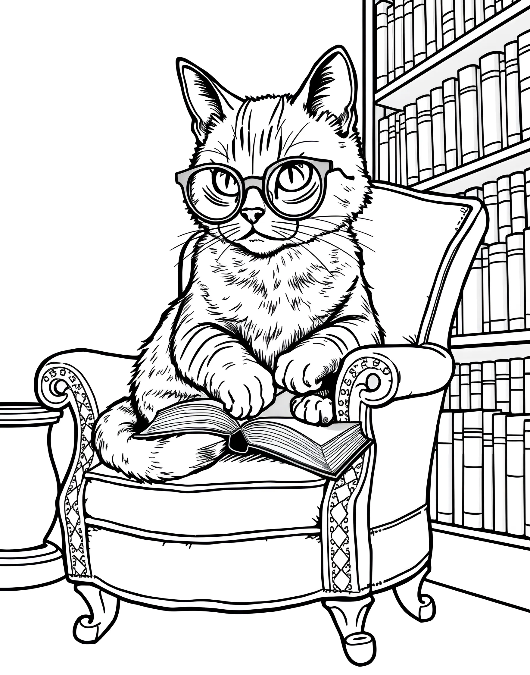 Cat Wearing Glasses Reading a Book Coloring Page -- prompt: "A cat sitting upright, wearing glasses and holding an open book with its paws." -- This intellectual coloring page shows a cat wearing glasses and reading an open book. The cat's studious expression and the book's pages create a scholarly atmosphere. It's an excellent choice for book lovers and those who appreciate a touch of humor in their coloring pages.