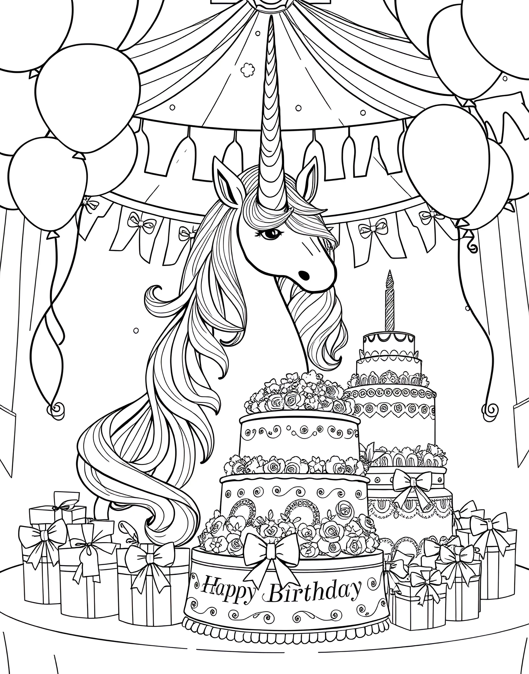 Unicorn Birthday Party Coloring Page -- prompt: "A unicorn surrounded by birthday decorations, including a cake, balloons, and presents." -- Celebrate in style with this festive coloring page of a unicorn birthday party. The scene is filled with balloons, presents, and a big cake, all centered around a happy unicorn. This page is perfect for adding a touch of magic to birthday celebrations.