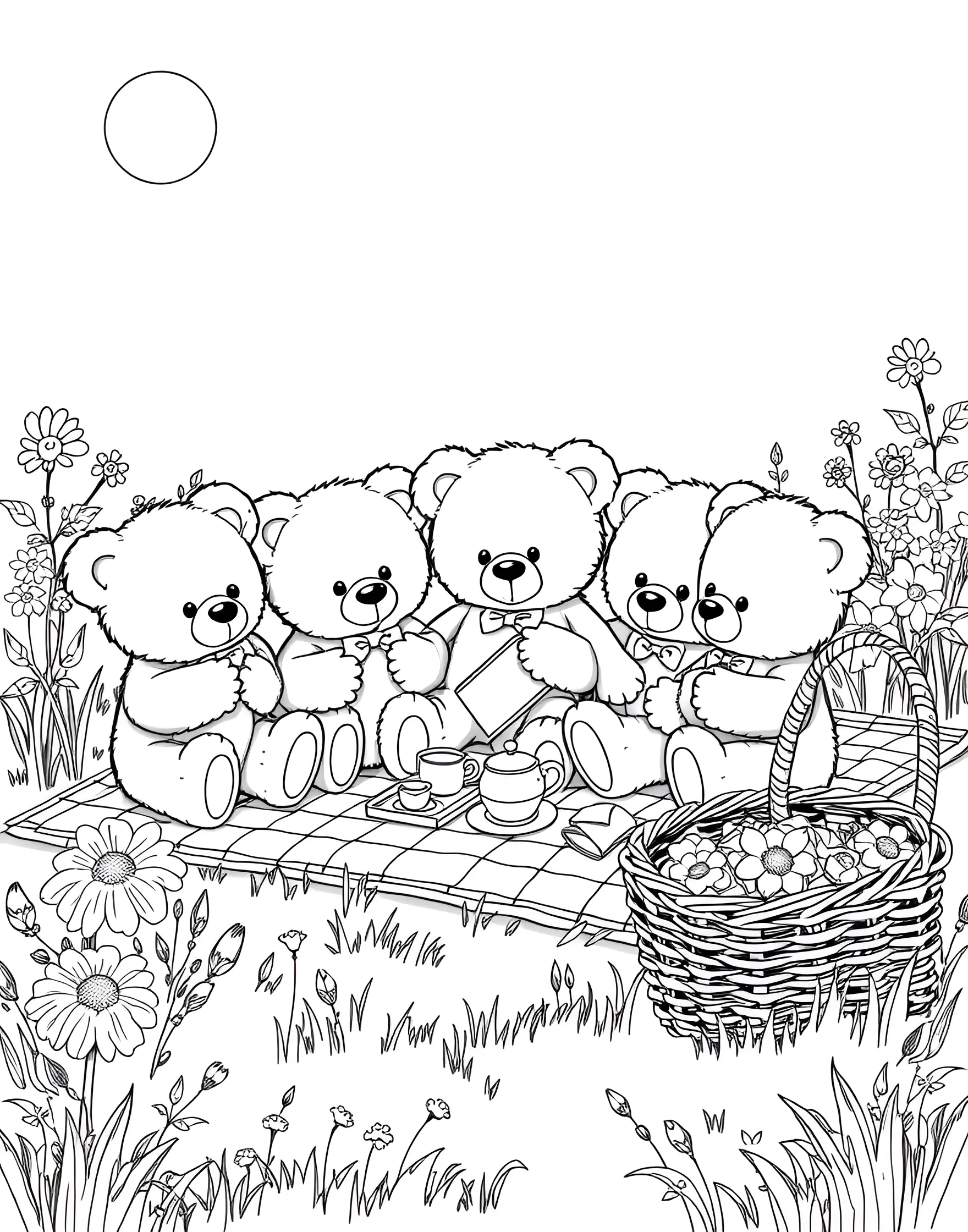 Teddy Bear Picnic Coloring Page -- prompt: "A group of teddy bears having a picnic on a blanket in a meadow." -- Bring a touch of whimsy to your coloring experience with this charming teddy bear picnic scene. Several adorable teddy bears are gathered on a checkered blanket, enjoying a delightful outdoor feast. This page is perfect for younger children and those young at heart who love a bit of imaginative fun.