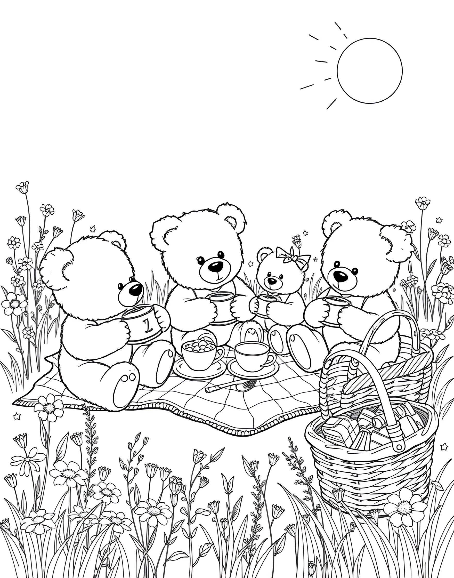 Teddy Bear Picnic Coloring Page -- prompt: "A group of teddy bears having a picnic on a blanket in a meadow." -- Bring a touch of whimsy to your coloring experience with this charming teddy bear picnic scene. Several adorable teddy bears are gathered on a checkered blanket, enjoying a delightful outdoor feast. This page is perfect for younger children and those young at heart who love a bit of imaginative fun.