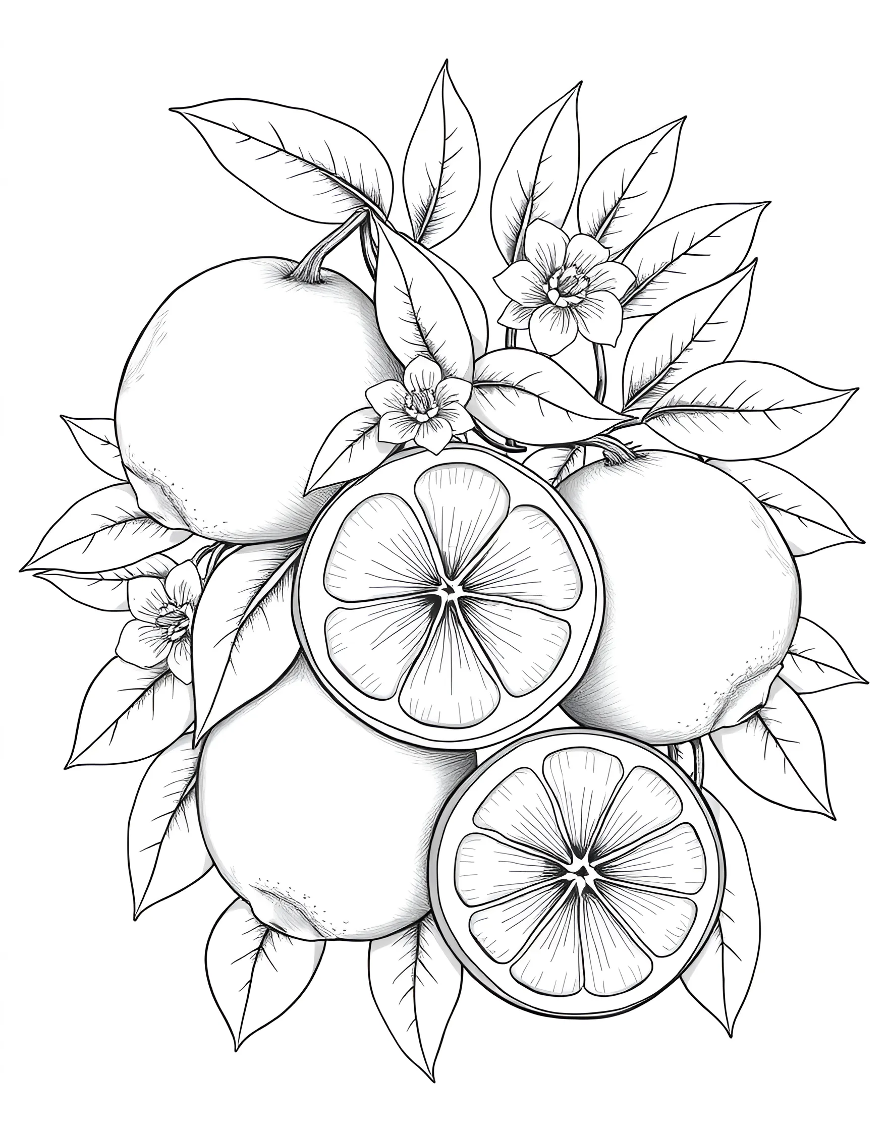 Lemon Zest Fest Coloring Page -- prompt: "An assortment of whole, halved, and sliced lemons with lemon leaves and blossoms." -- Add a burst of citrus cheer to your day with this lemon-centric coloring page. Bright, cheery lemons in various states - whole, halved, and sliced - create a zesty composition. Lemon leaves and blossoms add a fresh, aromatic touch to the scene.