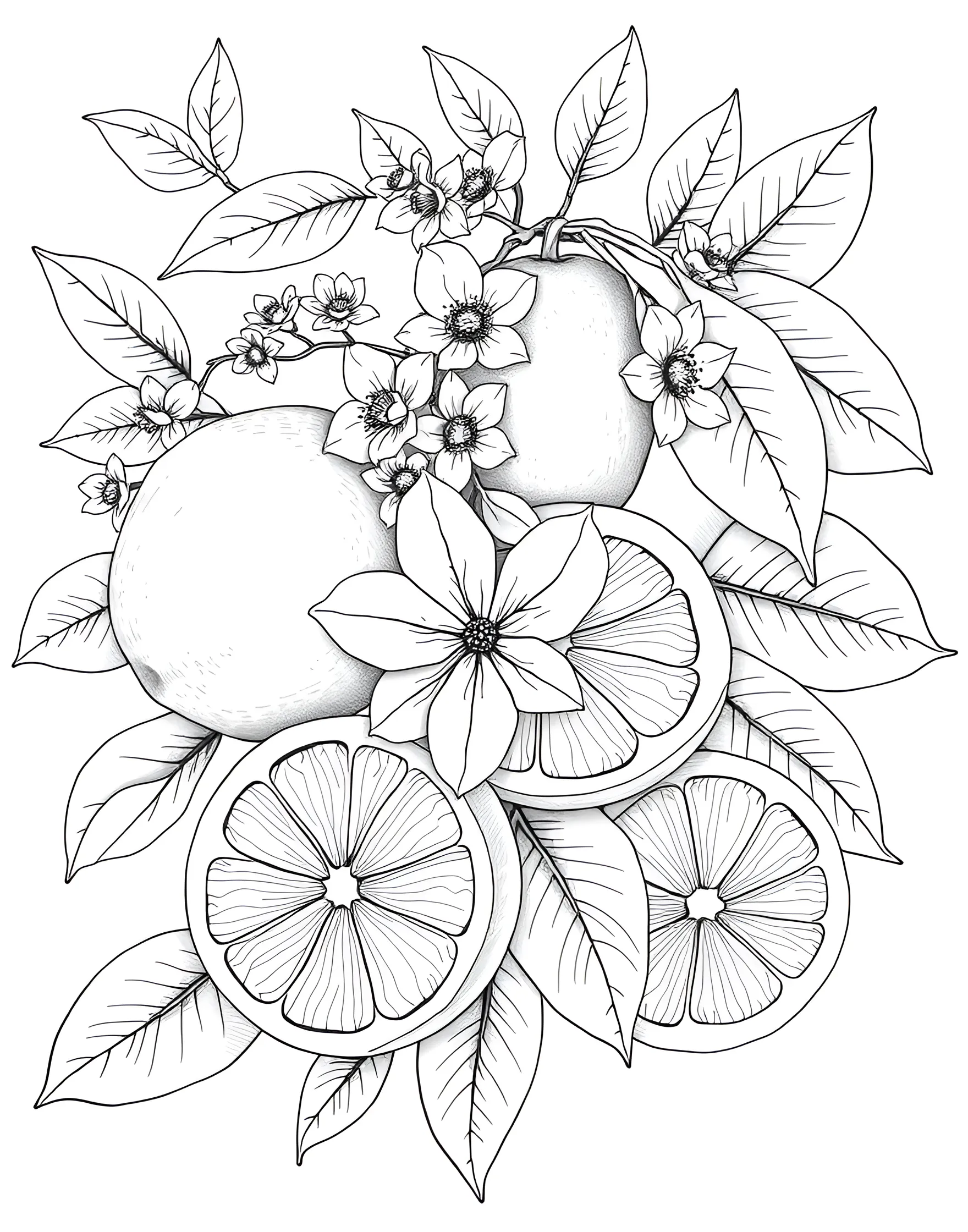 Lemon Zest Fest Coloring Page -- prompt: "An assortment of whole, halved, and sliced lemons with lemon leaves and blossoms." -- Add a burst of citrus cheer to your day with this lemon-centric coloring page. Bright, cheery lemons in various states - whole, halved, and sliced - create a zesty composition. Lemon leaves and blossoms add a fresh, aromatic touch to the scene.