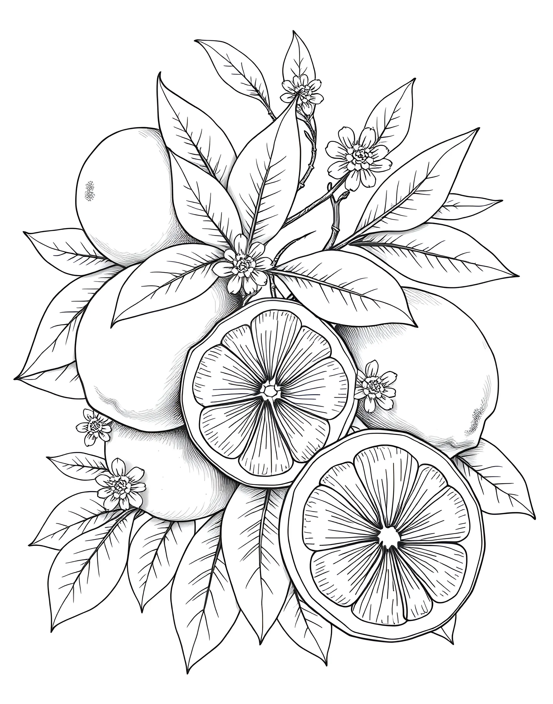 Lemon Zest Fest Coloring Page -- prompt: "An assortment of whole, halved, and sliced lemons with lemon leaves and blossoms." -- Add a burst of citrus cheer to your day with this lemon-centric coloring page. Bright, cheery lemons in various states - whole, halved, and sliced - create a zesty composition. Lemon leaves and blossoms add a fresh, aromatic touch to the scene.