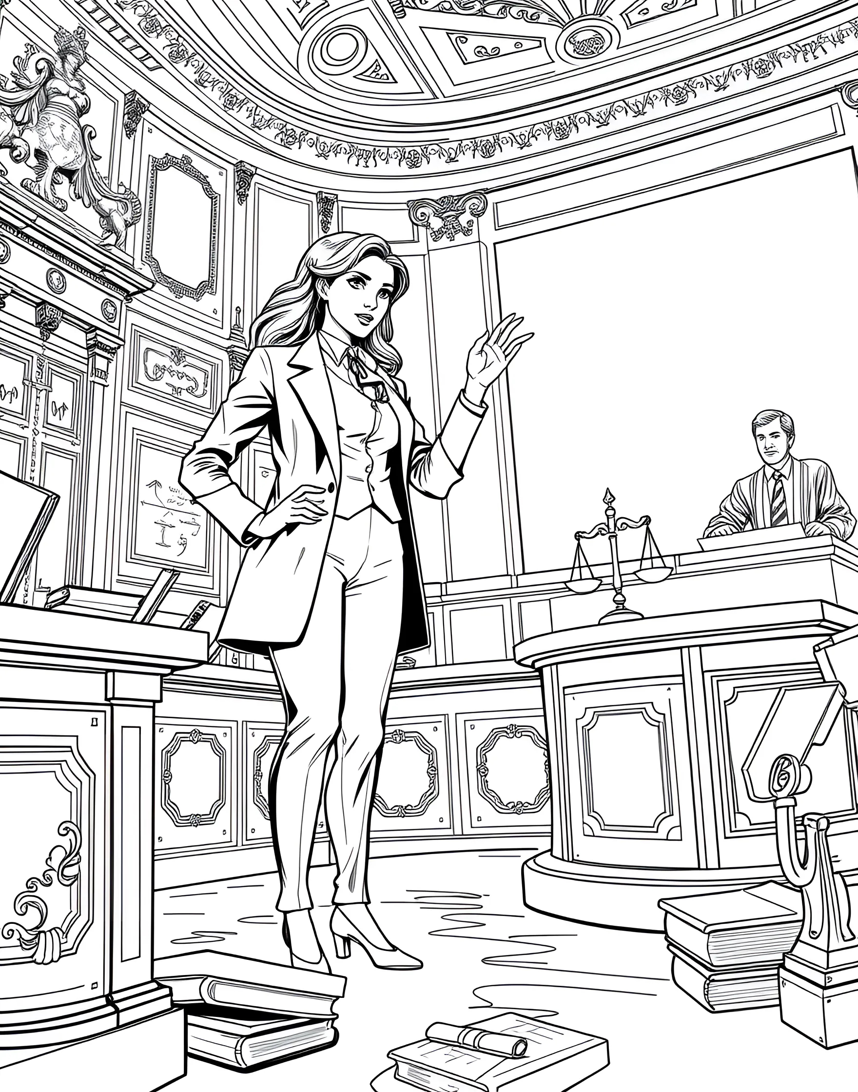 Girl Lawyer in the Courtroom Coloring Page -- prompt: "A girl lawyer presenting a case in a courtroom with a judge, jury, and legal setting." -- Inspire future legal eagles with this empowering lawyer coloring page. A young girl stands confidently in a courtroom, presenting her case. The detailed courtroom setting, complete with judge's bench, jury box, and legal documents, offers numerous elements to color while promoting interest in justice and advocacy.