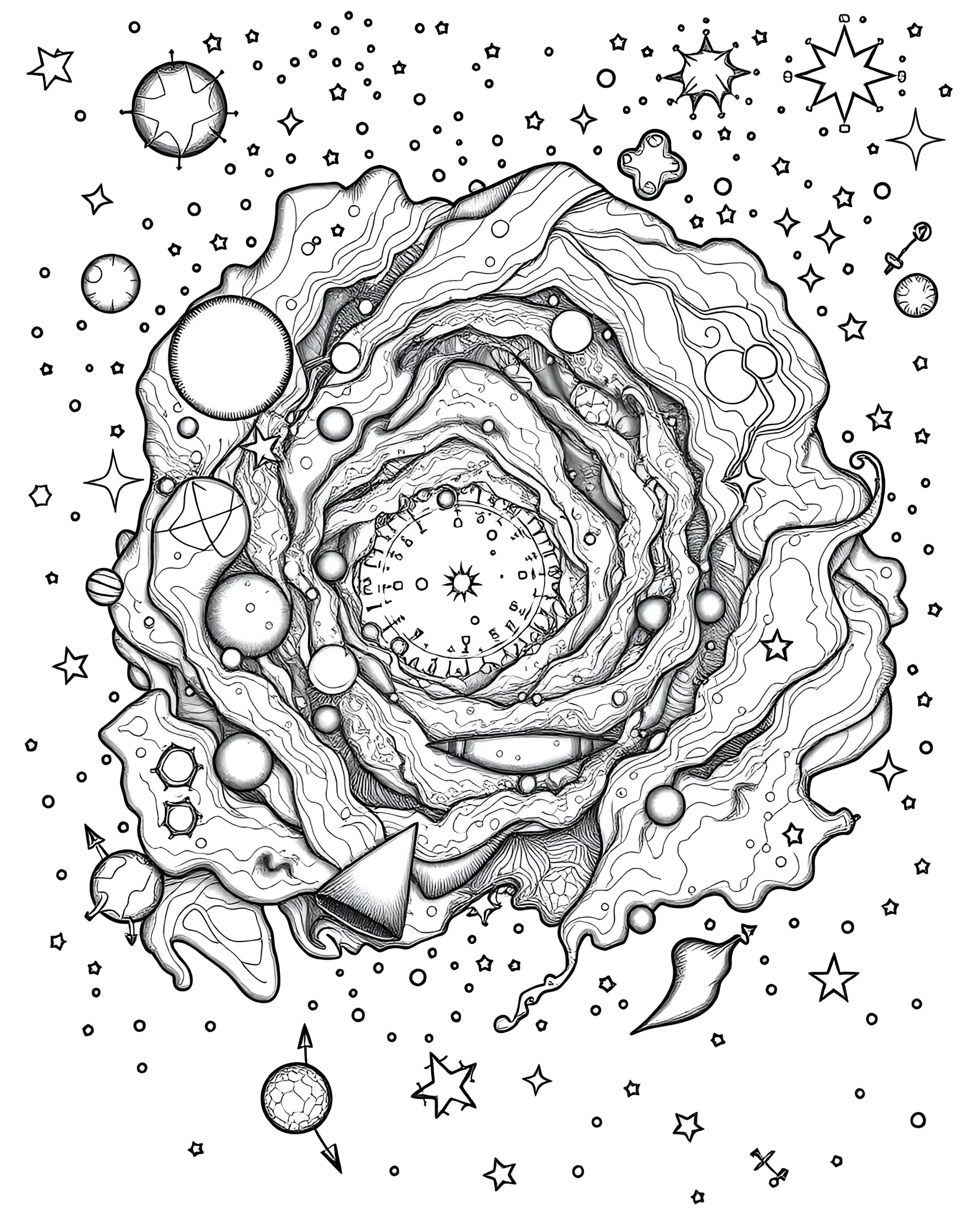 Cosmic Nebula Wonder Coloring Page -- prompt: "A colorful nebula with swirling gas clouds and bright stars scattered throughout, filling the entire page." -- Dive into the depths of space with this awe-inspiring nebula coloring page. The swirling clouds of gas and dust create intricate patterns, dotted with newborn stars. This page allows for creative expression with a wide range of colors, mimicking the breathtaking images captured by space telescopes.