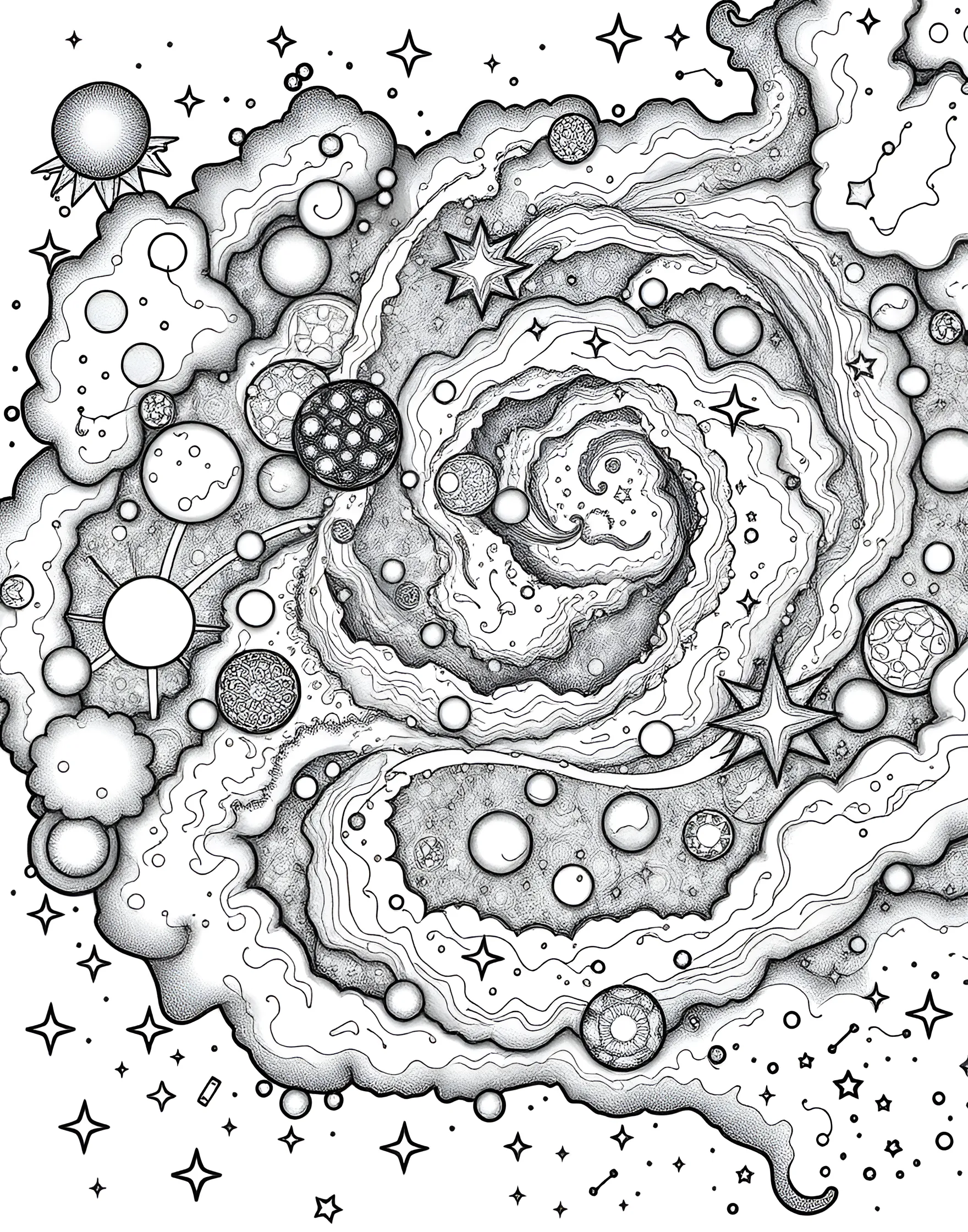 Cosmic Nebula Wonder Coloring Page -- prompt: "A colorful nebula with swirling gas clouds and bright stars scattered throughout, filling the entire page." -- Dive into the depths of space with this awe-inspiring nebula coloring page. The swirling clouds of gas and dust create intricate patterns, dotted with newborn stars. This page allows for creative expression with a wide range of colors, mimicking the breathtaking images captured by space telescopes.