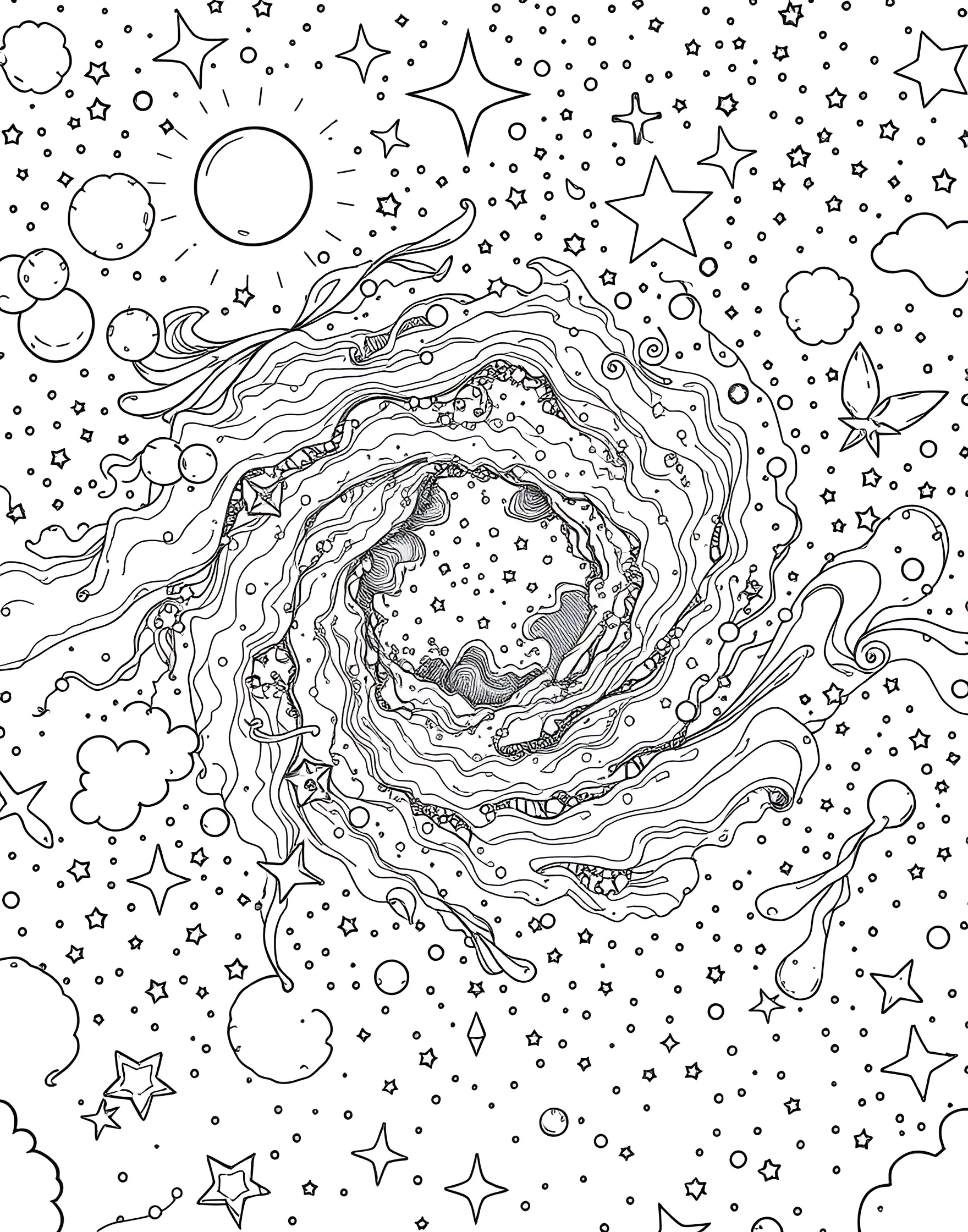 Cosmic Nebula Wonder Coloring Page -- prompt: "A colorful nebula with swirling gas clouds and bright stars scattered throughout, filling the entire page." -- Dive into the depths of space with this awe-inspiring nebula coloring page. The swirling clouds of gas and dust create intricate patterns, dotted with newborn stars. This page allows for creative expression with a wide range of colors, mimicking the breathtaking images captured by space telescopes.