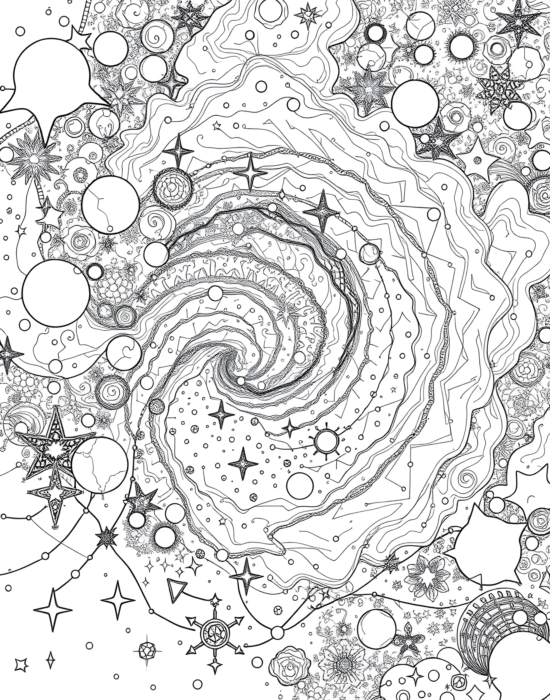 Cosmic Nebula Wonder Coloring Page -- prompt: "A colorful nebula with swirling gas clouds and bright stars scattered throughout, filling the entire page." -- Dive into the depths of space with this awe-inspiring nebula coloring page. The swirling clouds of gas and dust create intricate patterns, dotted with newborn stars. This page allows for creative expression with a wide range of colors, mimicking the breathtaking images captured by space telescopes.