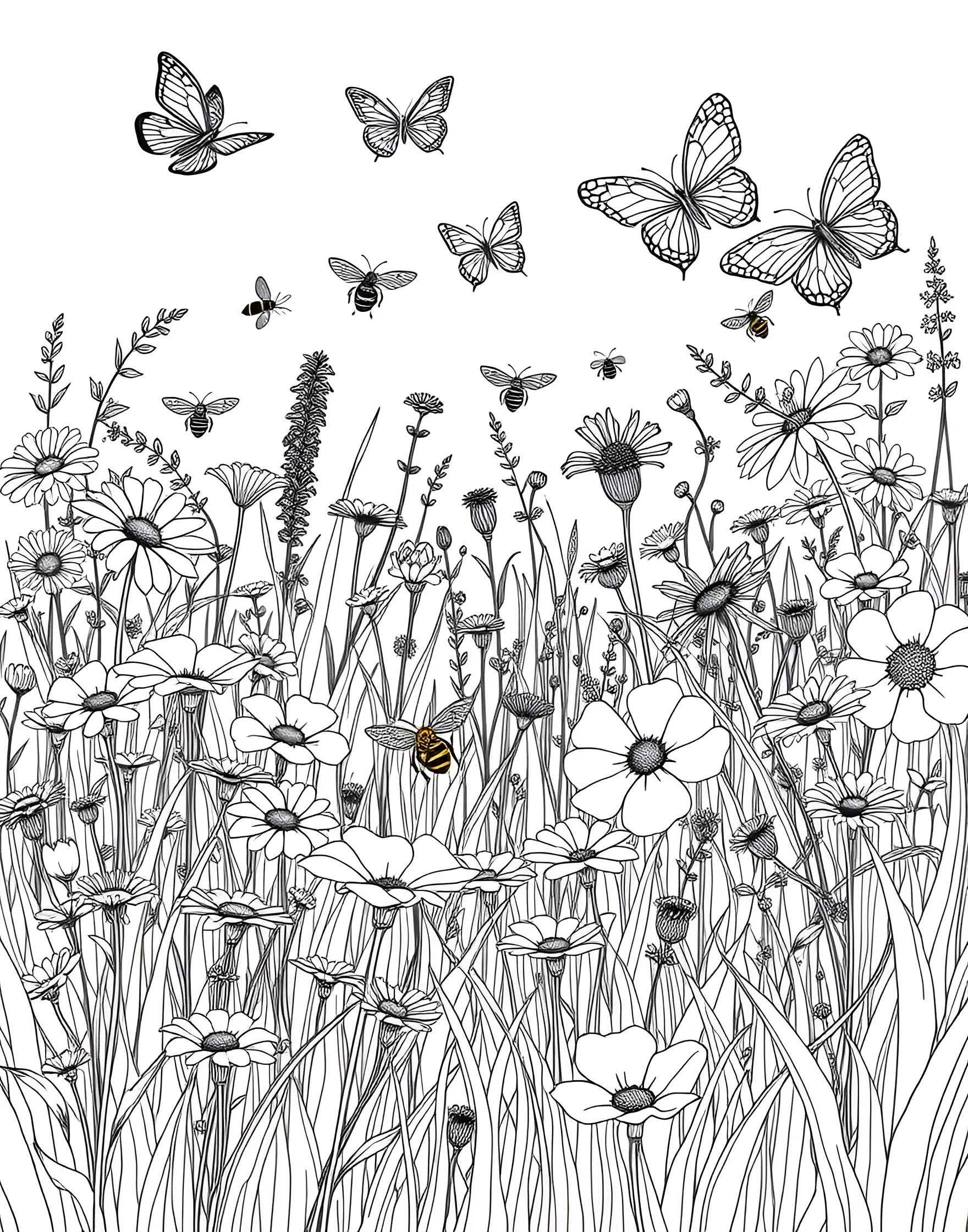 Summer Wildflower Meadow Coloring Page -- prompt: "A meadow filled with diverse wildflowers, butterflies, and bees on a sunny day." -- Immerse yourself in nature's beauty with this idyllic wildflower meadow scene. A diverse array of colorful wildflowers sway in the breeze, with butterflies and bees flitting about. This page offers a serene celebration of summer's natural wonders.