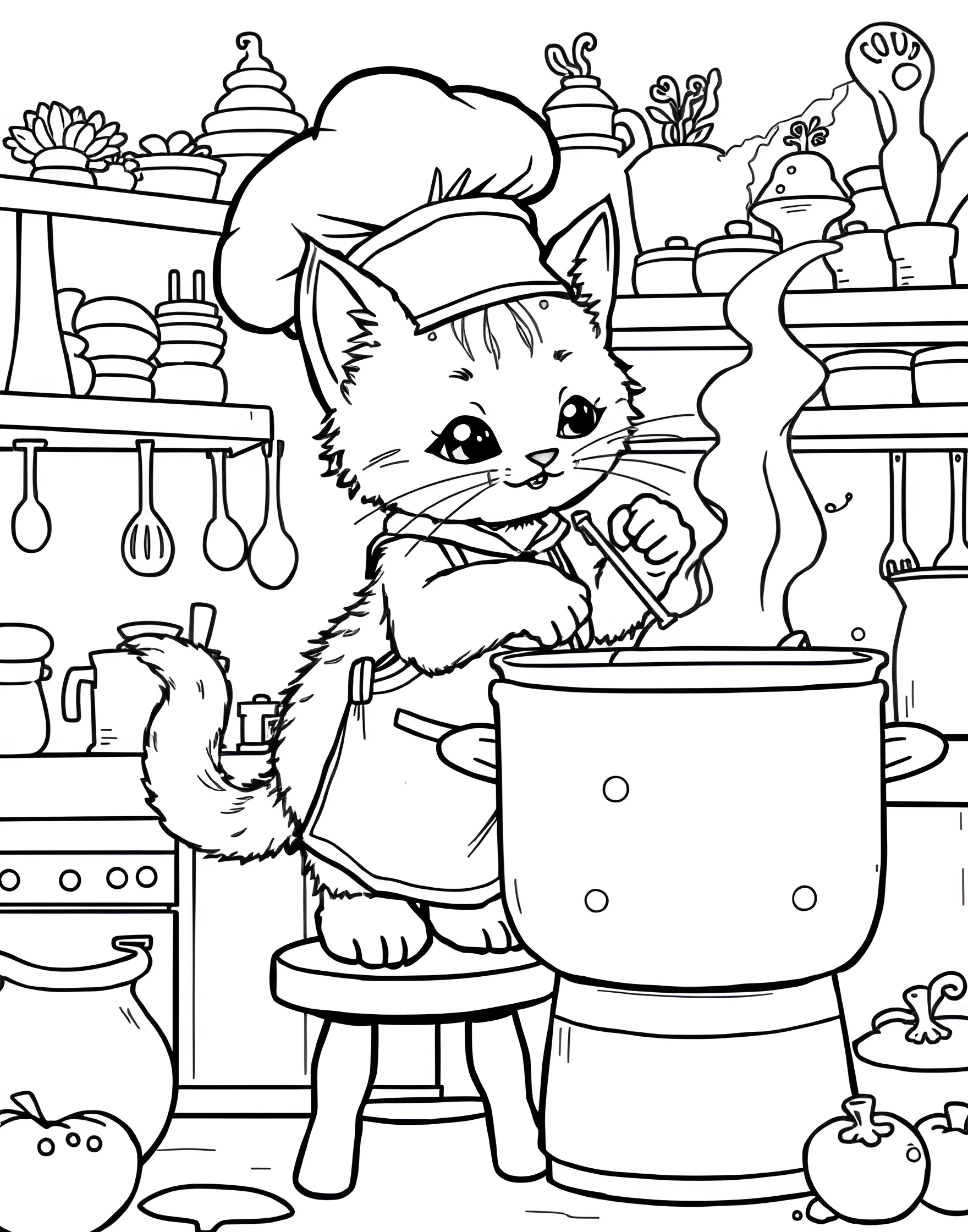 Kitten Chef in the Kitchen Coloring Page -- prompt: "A kitten wearing a chef's hat and apron, stirring a large pot in a kitchen." -- Cook up some fun with this adorable kitten chef coloring page. Wearing a tiny chef's hat and apron, the kitten is stirring a big pot of something delicious. This page is perfect for little chefs and food lovers of all ages.