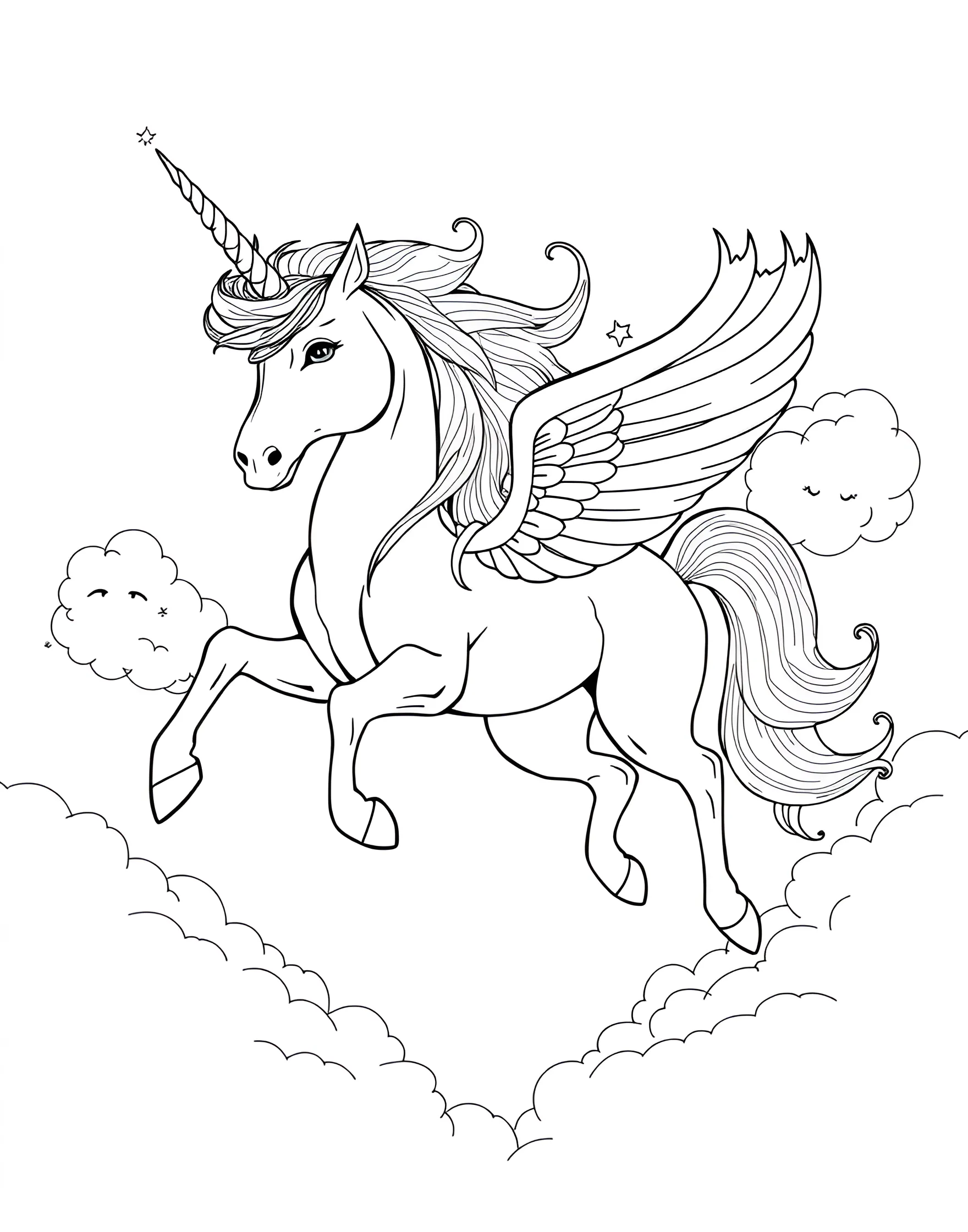 Flying Unicorn Among the Clouds Coloring Page -- prompt: "A unicorn flying through a sky filled with fluffy clouds, its mane and tail streaming behind it." -- Soar through the sky with this dynamic coloring page of a flying unicorn. The majestic creature's mane and tail flow freely as it gallops through puffy clouds. This page is ideal for those who dream of adventure and freedom.