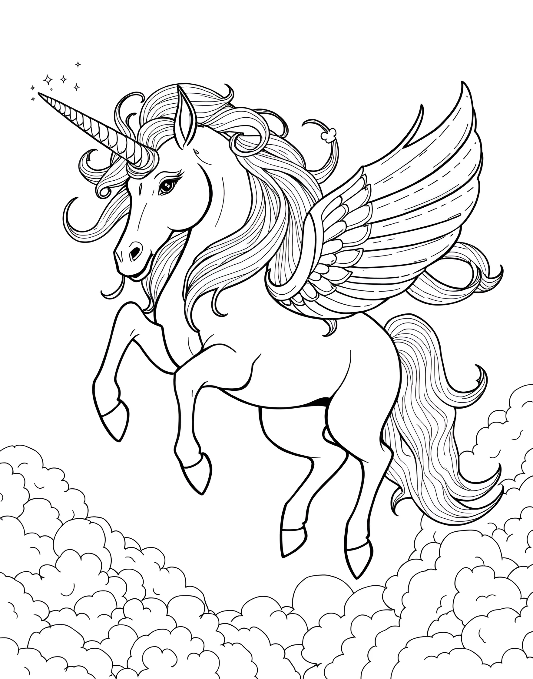 Flying Unicorn Among the Clouds Coloring Page -- prompt: "A unicorn flying through a sky filled with fluffy clouds, its mane and tail streaming behind it." -- Soar through the sky with this dynamic coloring page of a flying unicorn. The majestic creature's mane and tail flow freely as it gallops through puffy clouds. This page is ideal for those who dream of adventure and freedom.