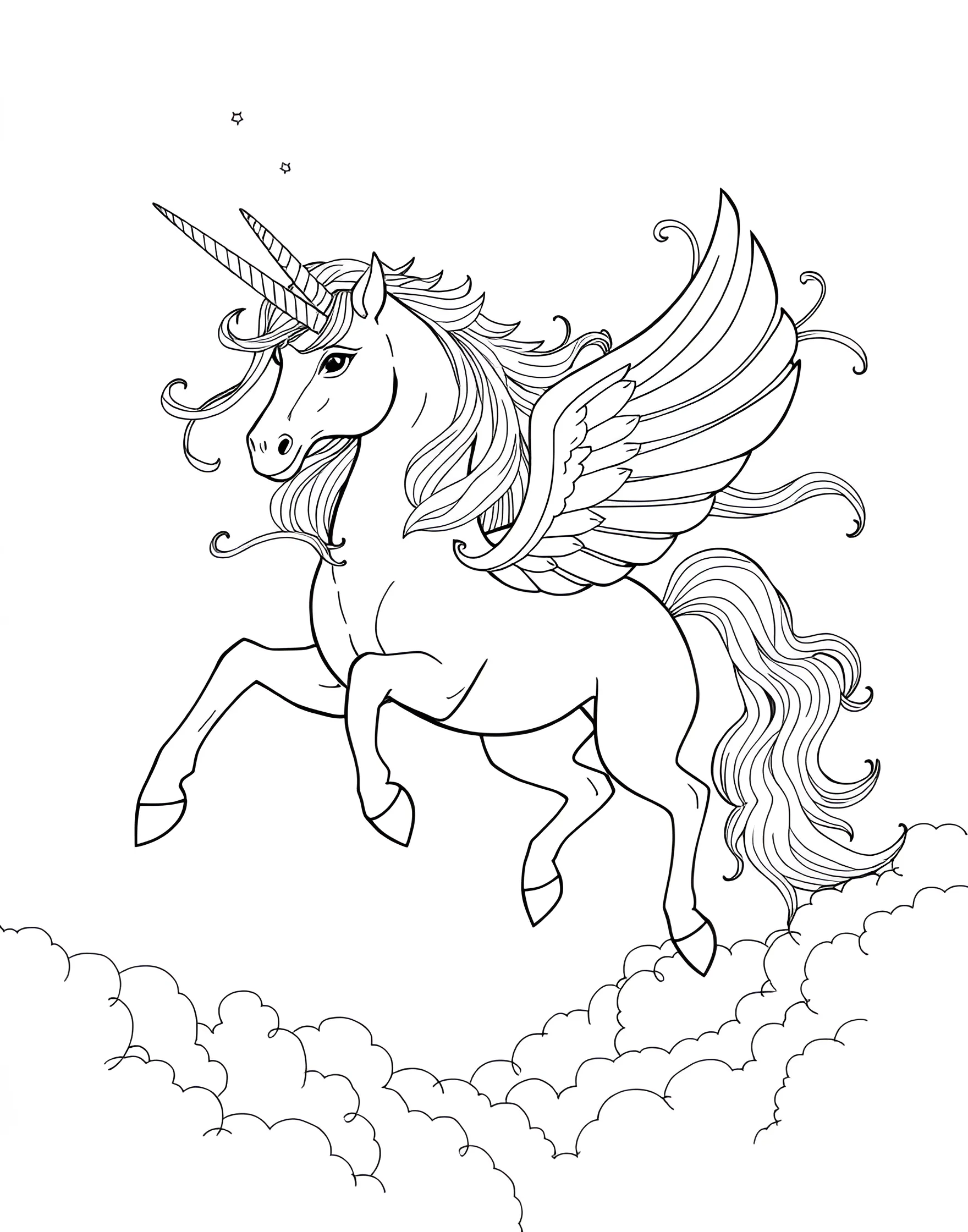 Flying Unicorn Among the Clouds Coloring Page -- prompt: "A unicorn flying through a sky filled with fluffy clouds, its mane and tail streaming behind it." -- Soar through the sky with this dynamic coloring page of a flying unicorn. The majestic creature's mane and tail flow freely as it gallops through puffy clouds. This page is ideal for those who dream of adventure and freedom.