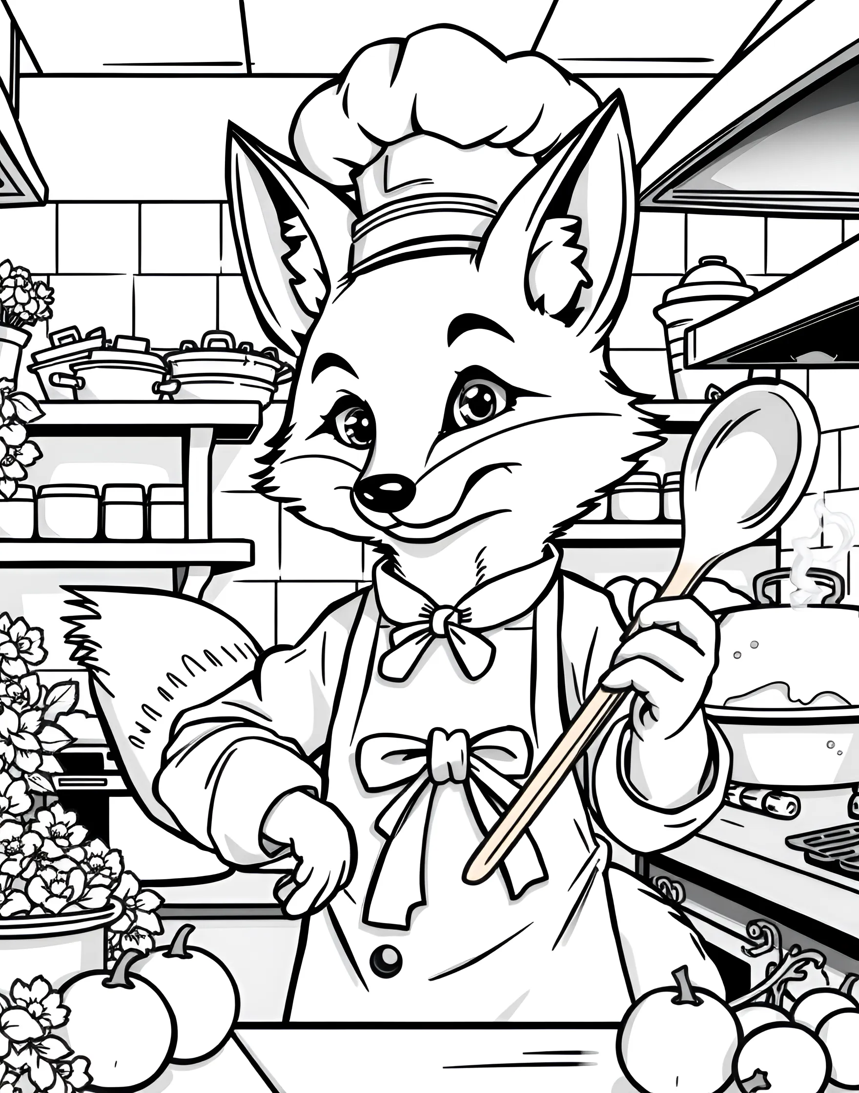 Fox Chef in the Kitchen Coloring Page -- prompt: "A fox wearing a chef's hat and apron, cooking in a kitchen with utensils and ingredients around." -- Cook up some creativity with this delightful coloring page of a fox chef. The fox is depicted in a busy kitchen, wearing a chef's hat and apron, surrounded by cooking utensils and ingredients. This page is perfect for food lovers and those who enjoy adding vibrant colors to create a lively kitchen scene.