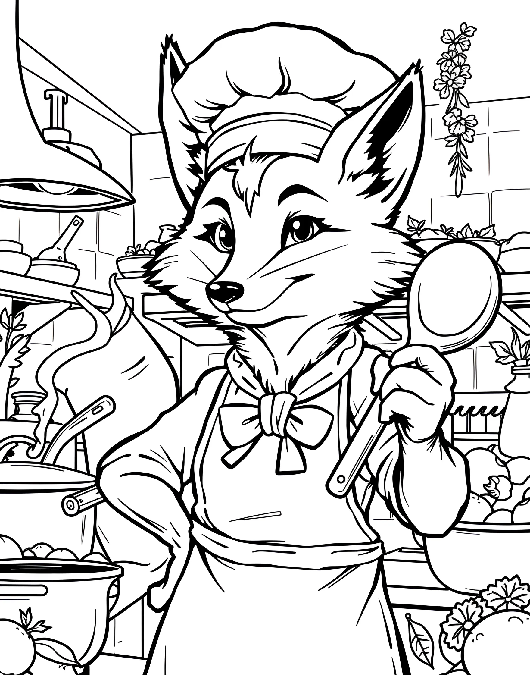 Fox Chef in the Kitchen Coloring Page -- prompt: "A fox wearing a chef's hat and apron, cooking in a kitchen with utensils and ingredients around." -- Cook up some creativity with this delightful coloring page of a fox chef. The fox is depicted in a busy kitchen, wearing a chef's hat and apron, surrounded by cooking utensils and ingredients. This page is perfect for food lovers and those who enjoy adding vibrant colors to create a lively kitchen scene.