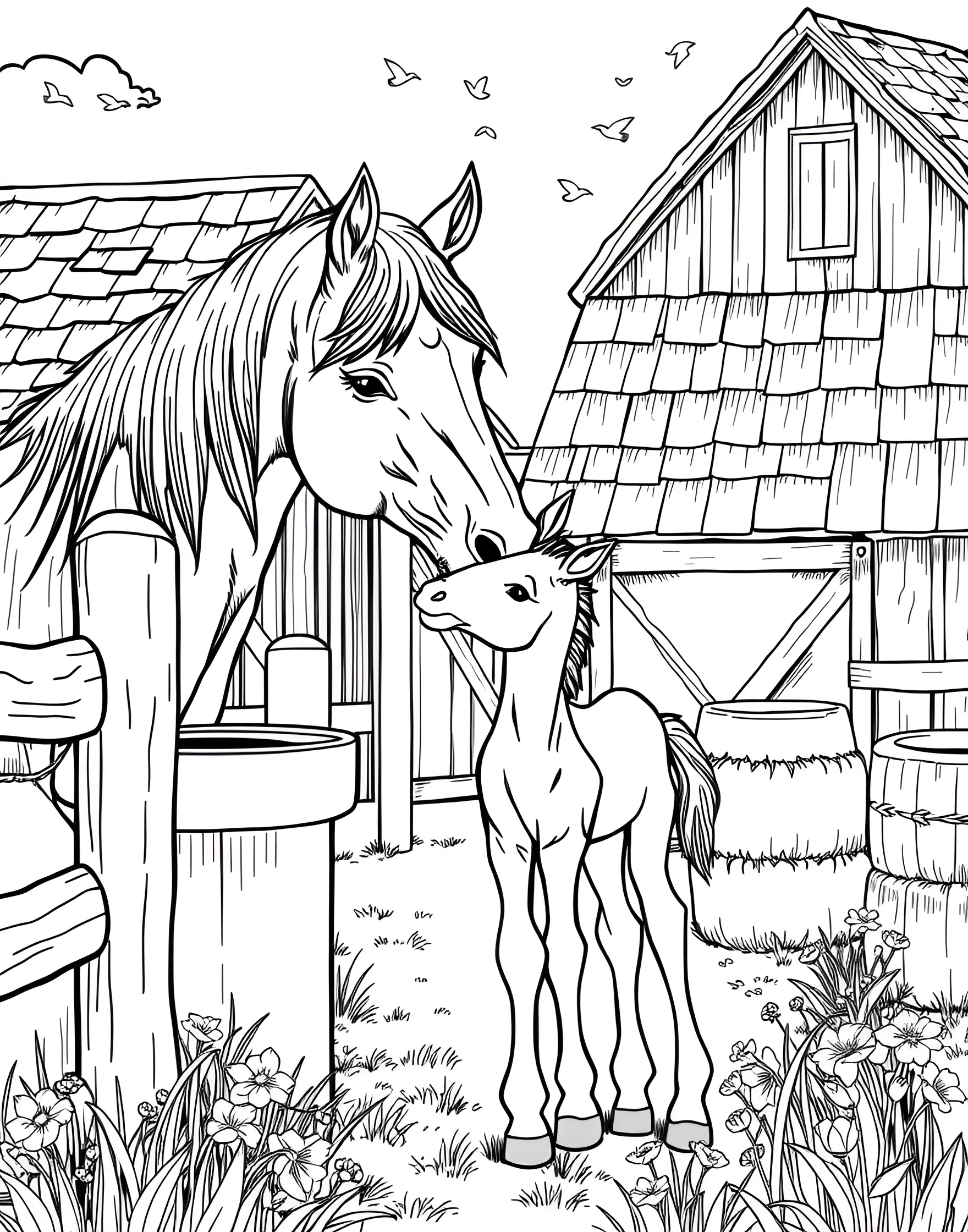 Gentle Mare and Foal Coloring Page -- prompt: "A mare nuzzling her foal in a peaceful barnyard setting with a barn and fence in the background." -- This heartwarming coloring page depicts the tender bond between a mare and her foal. The mother horse is shown nuzzling her baby, their forms intertwined in a display of affection. Set against a backdrop of a tranquil barnyard, this scene is perfect for those who appreciate the gentler side of horse life.