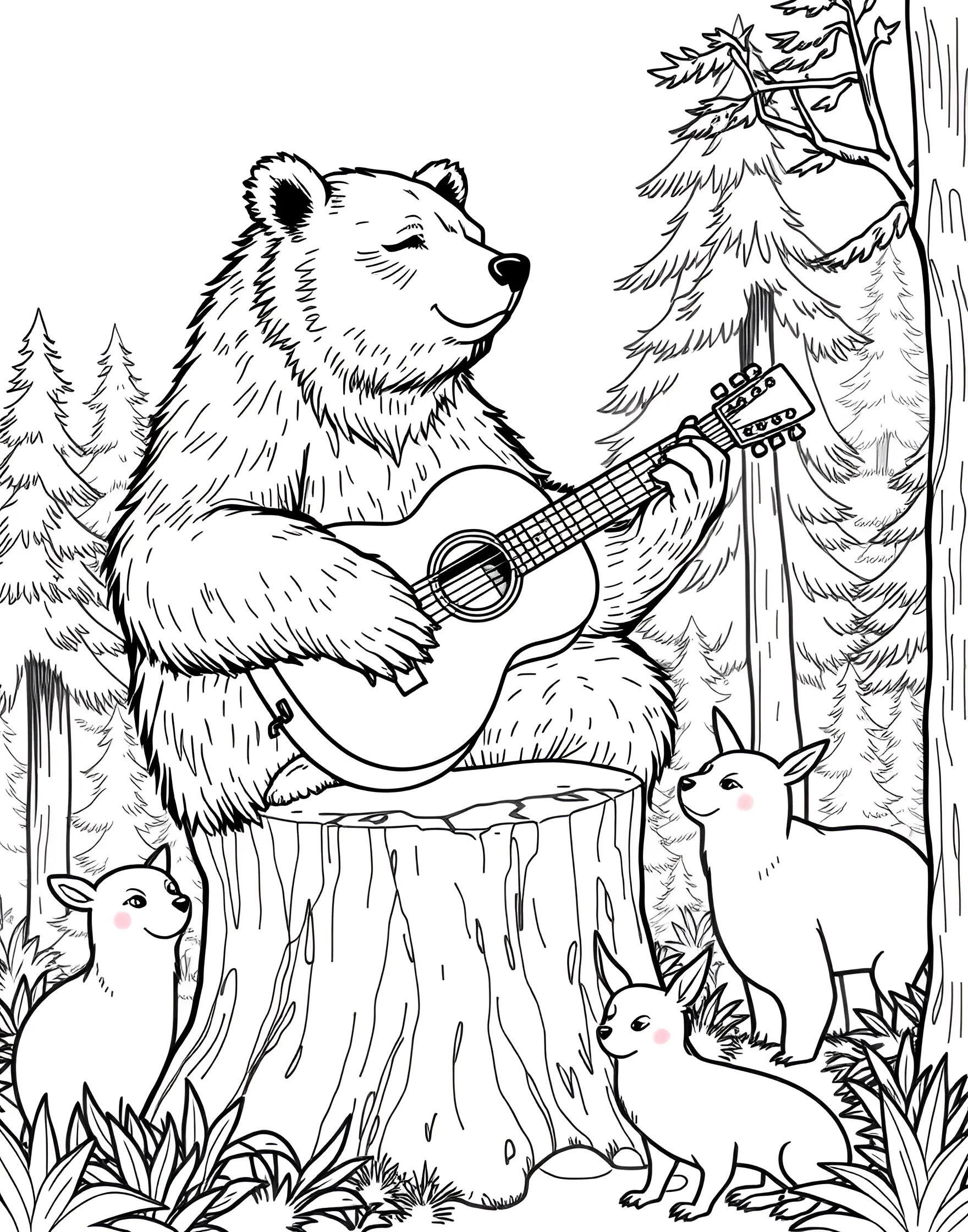 Bear Playing Guitar Coloring Page -- prompt: "A bear sitting and playing an acoustic guitar with a focused expression." -- Strike a chord with this whimsical coloring page of a bear playing a guitar. The bear is shown seated, strumming a guitar with a look of concentration. This fun and imaginative scene is perfect for music lovers and those who enjoy a touch of the absurd in their coloring pages.