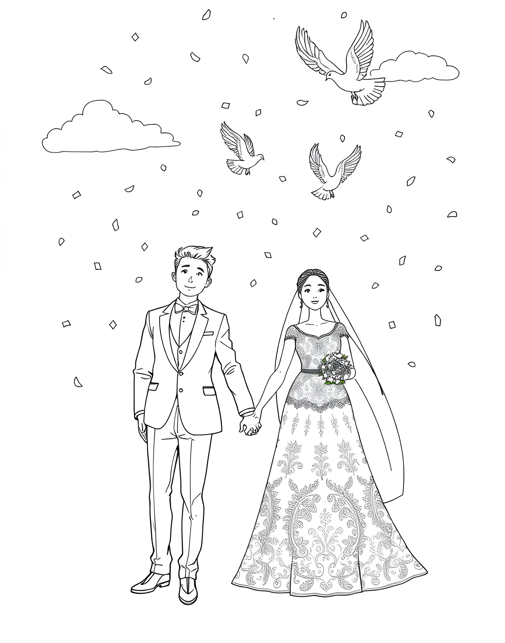 Wedding Doves Release Coloring Page -- prompt: "A bride and groom releasing two white doves into a sky filled with clouds and confetti." -- Symbolize peace and new beginnings with this dove release coloring page. A pair of white doves take flight from the hands of the newlyweds. Their wings spread wide against a background of clouds and confetti, creating a scene of hope and celebration.