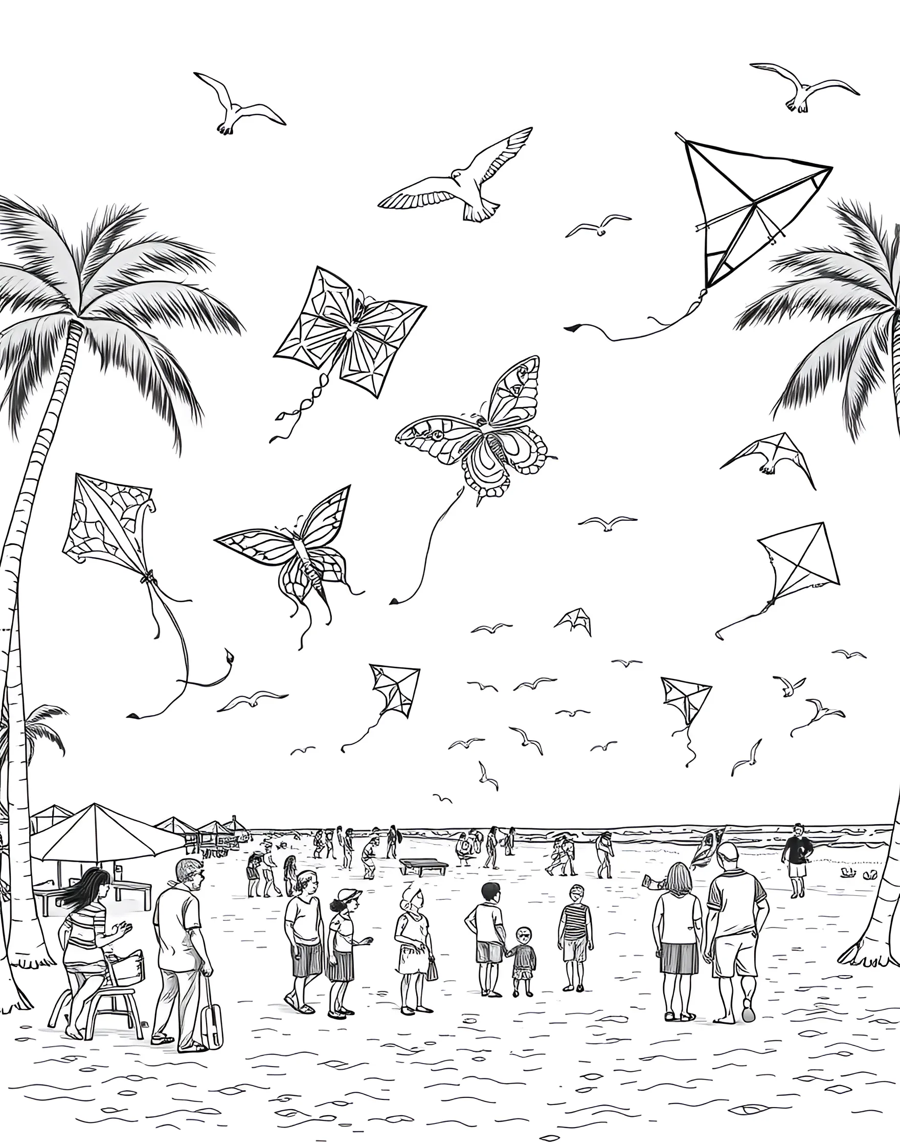 Beach Kite Flying Festival Coloring Page -- prompt: "A beach full of people flying diverse, colorful kites against a clear sky." -- Soar into the sky with this lively kite flying scene. The coloring page depicts a beach filled with people of all ages flying colorful kites of various shapes and sizes. Streaming tails and looping stunts add movement and excitement to the breezy beach day.